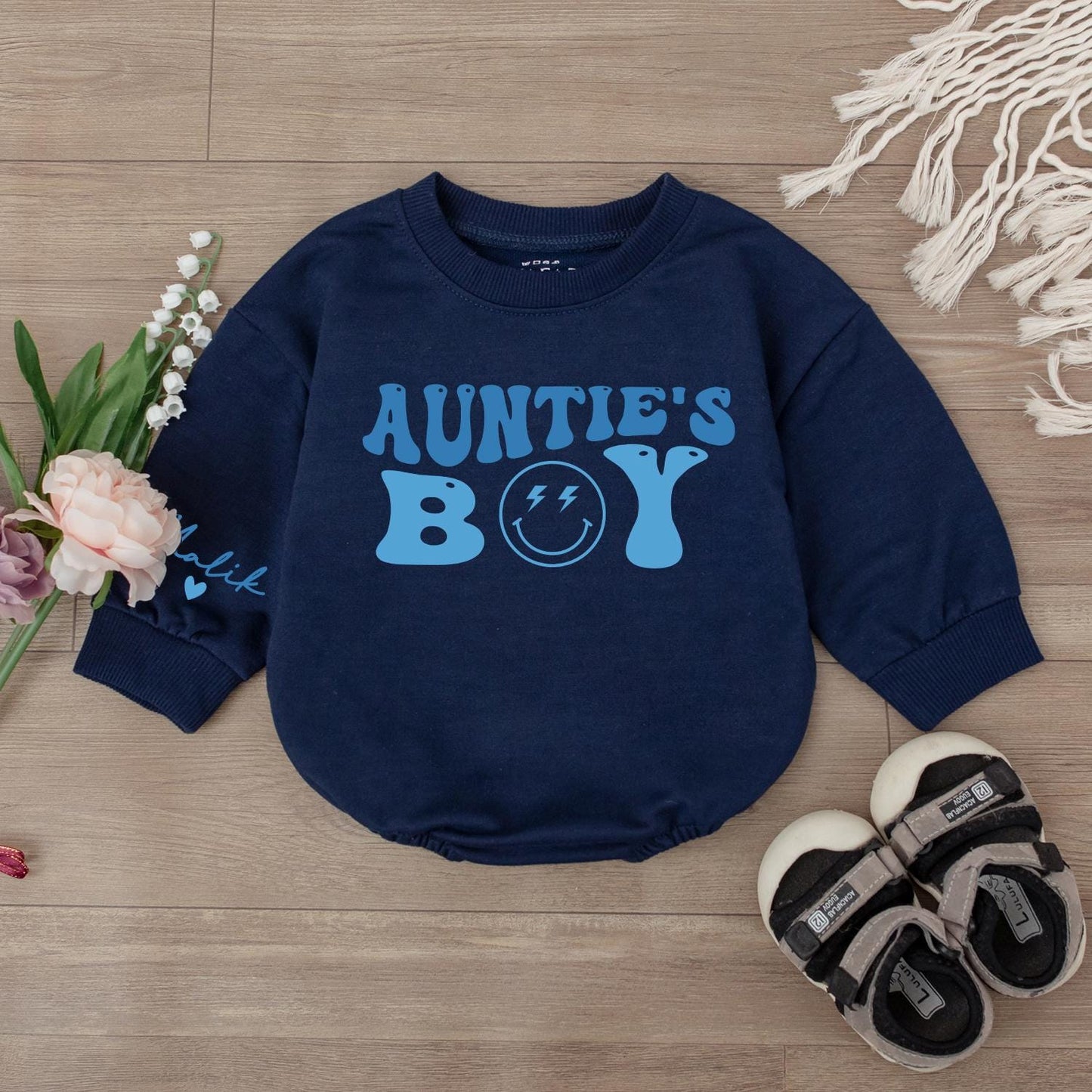Auntie’s Boy Baby Bodysuit Cute Little Bestie Outfit Gift for Aunties Groovy Smiley Face Newborn Romper Baby Clothes