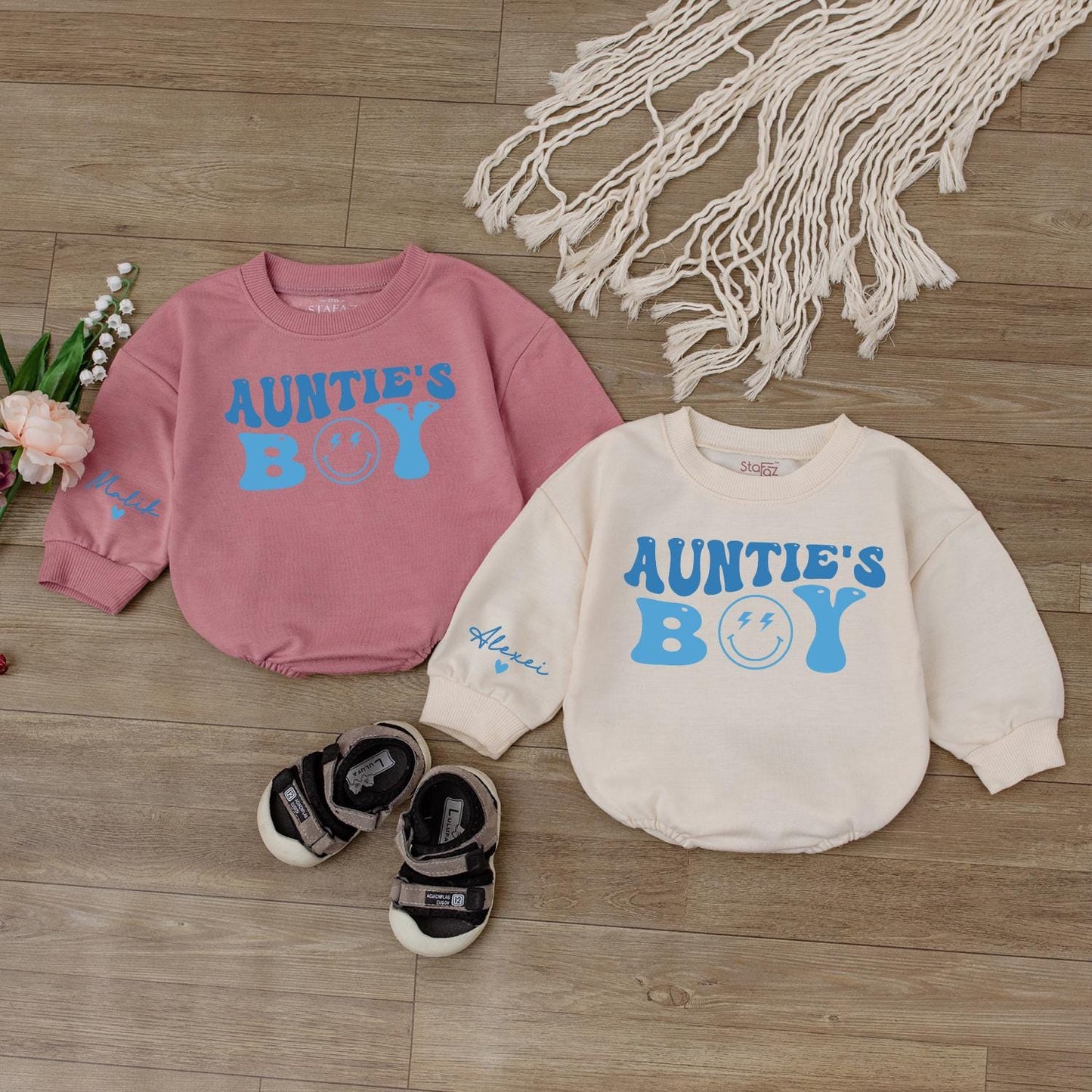 Auntie’s Boy Baby Bodysuit Cute Little Bestie Outfit Gift for Aunties Groovy Smiley Face Newborn Romper Baby Clothes