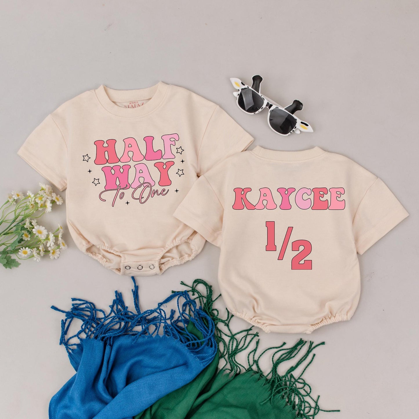 Personalized Half Way To One Romper for Baby Girl Half Birthday Outfit 6 Months Celebration Gift Soft Cotton Comfortable