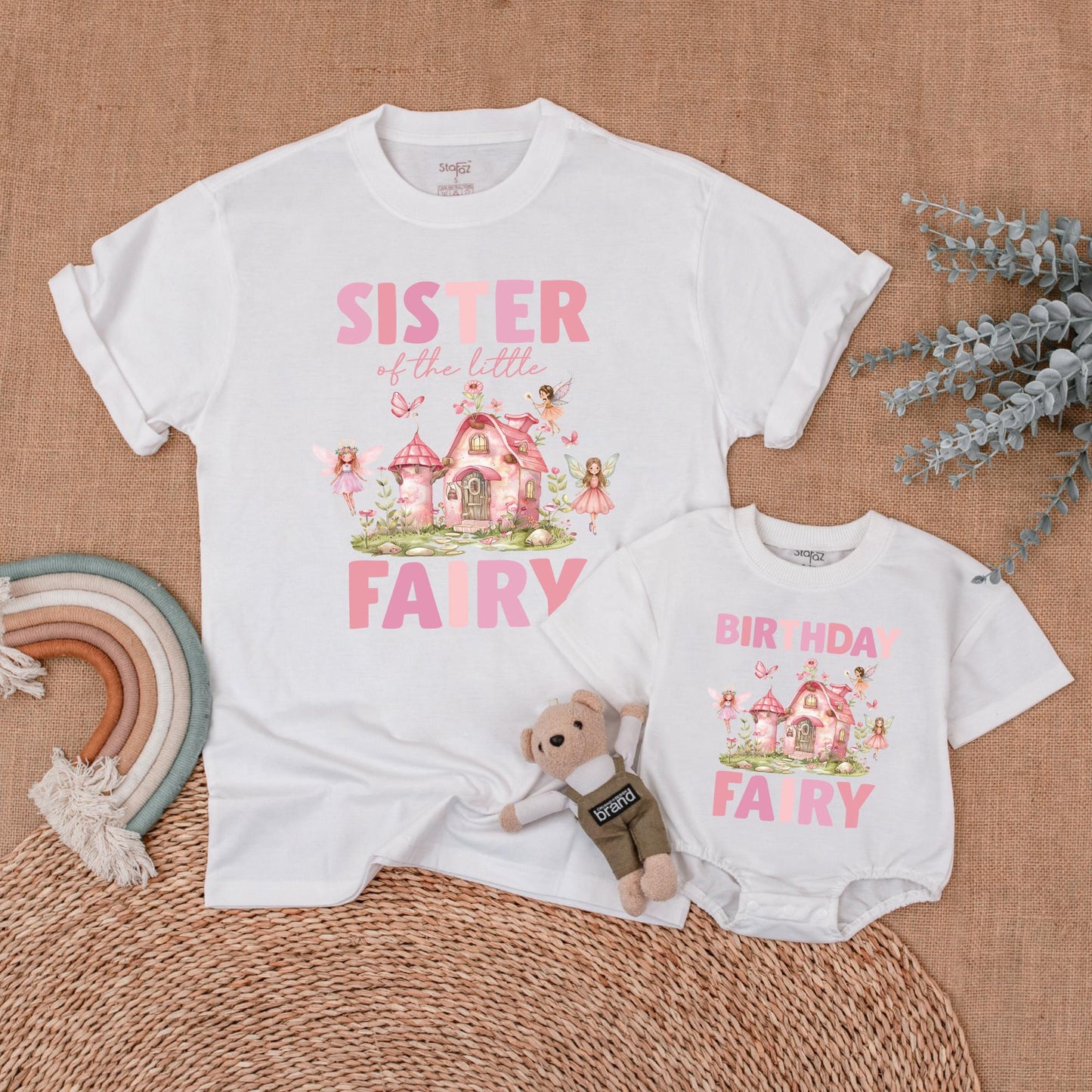 Whimsical Fairy Birthday Family Matching Shirts for First Birthday Girl, Pink Fairy House & Delicate Butterflies, Soft Green Foliage, Pink Green Brown