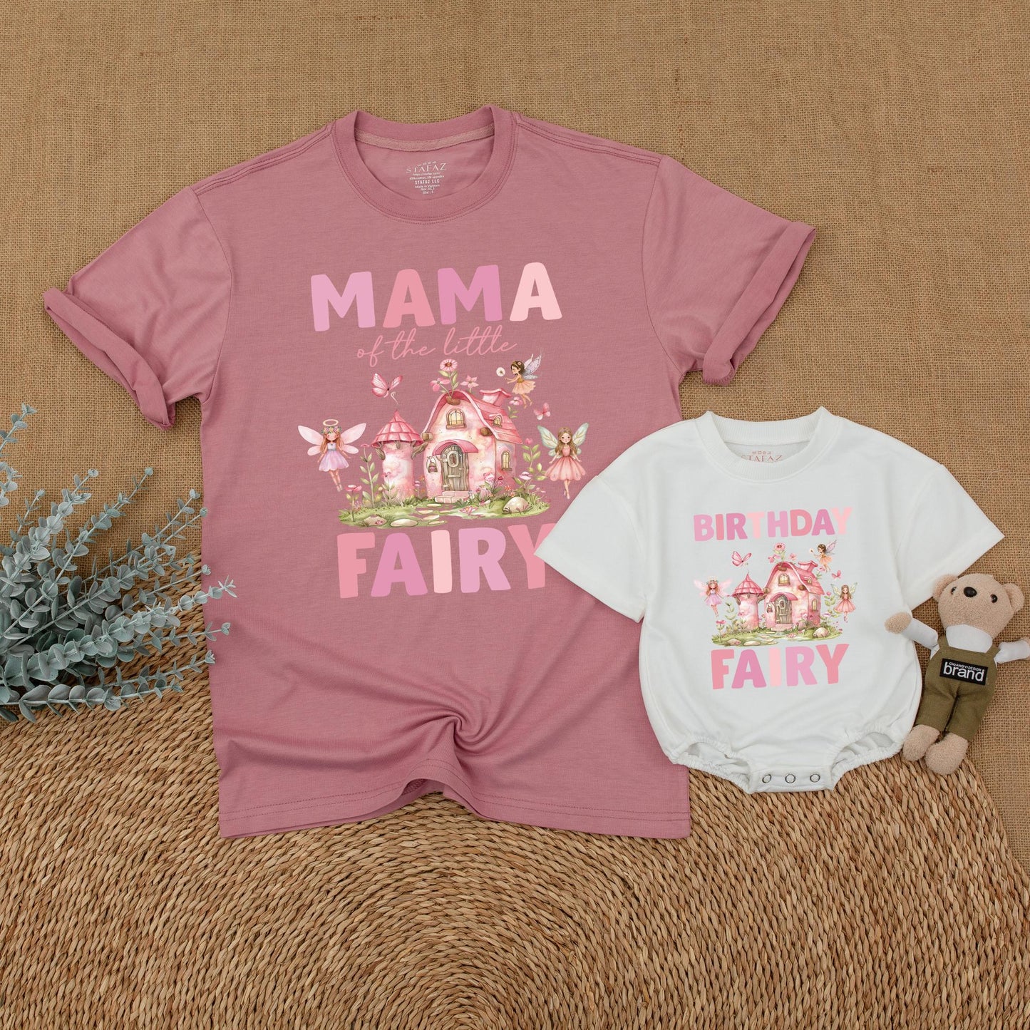 Whimsical Fairy Birthday Family Matching Shirts for First Birthday Girl, Pink Fairy House & Delicate Butterflies, Soft Green Foliage, Pink Green Brown