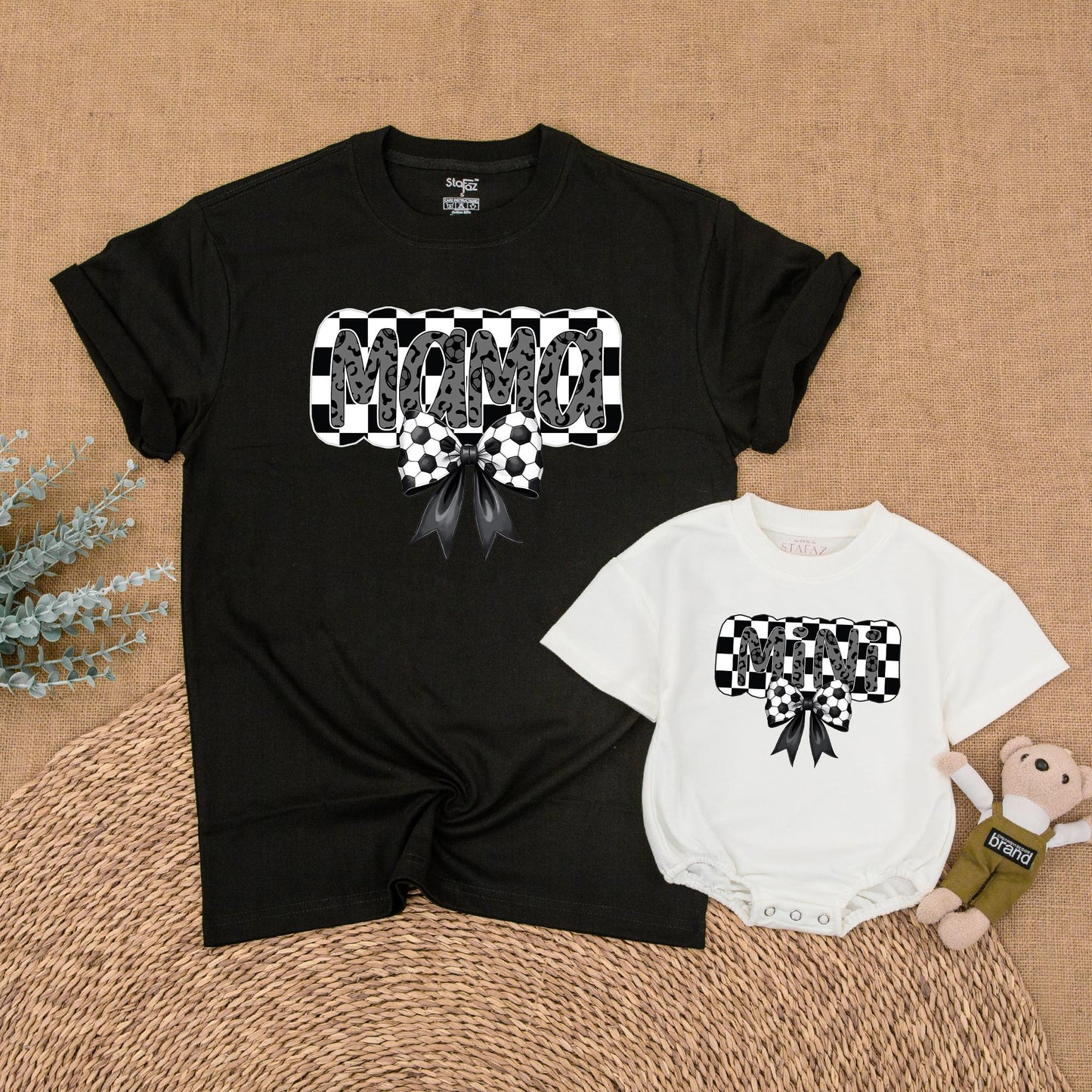 Retro Soccer Mama and Mini Matching Shirts Gray Leopard Bow Checkered Soccer Mama Mommy and Me Game Day Outfits