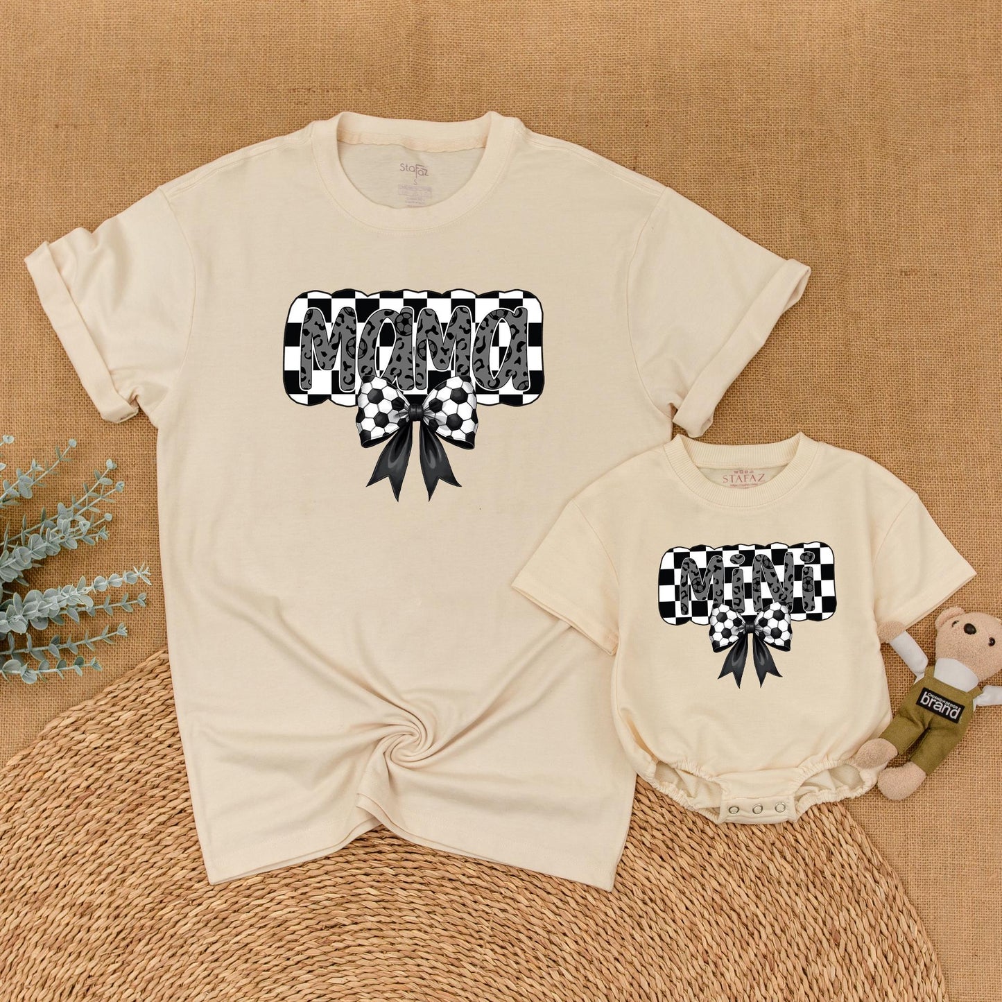 Retro Soccer Mama and Mini Matching Shirts Gray Leopard Bow Checkered Soccer Mama Mommy and Me Game Day Outfits