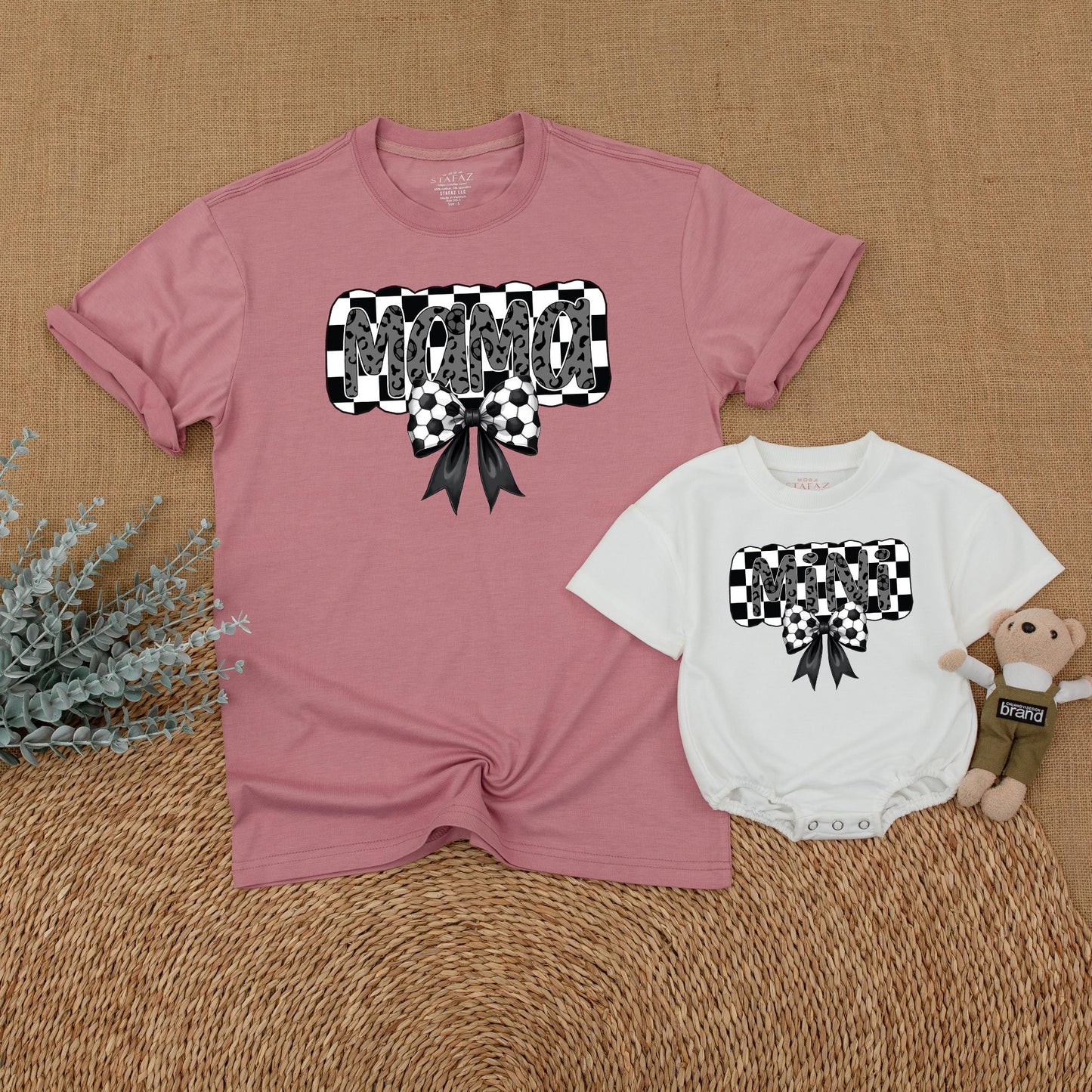 Retro Soccer Mama and Mini Matching Shirts Gray Leopard Bow Checkered Soccer Mama Mommy and Me Game Day Outfits