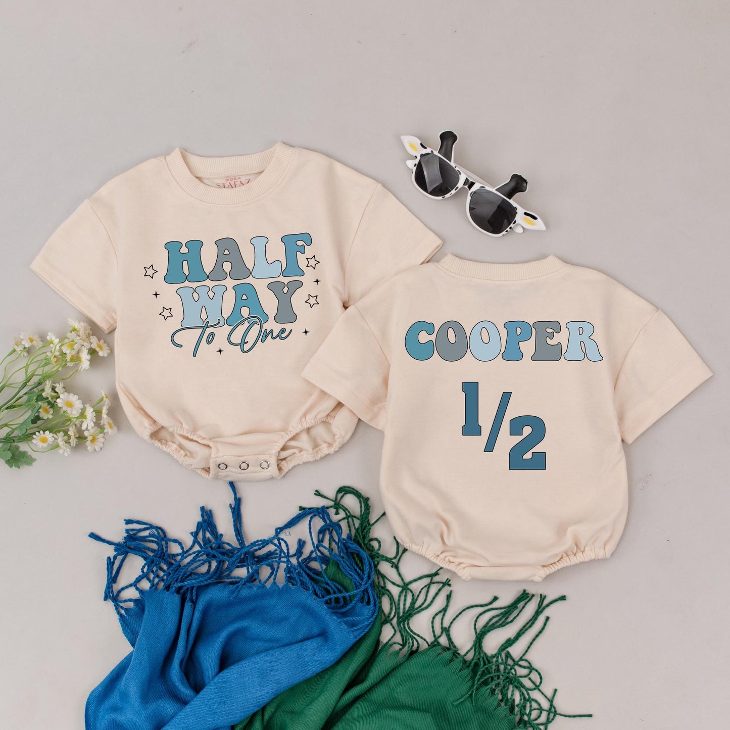 Personalized Half Way To One Romper Blue Gray Star Design 6 Months Baby Boy Outfit Shower Gift