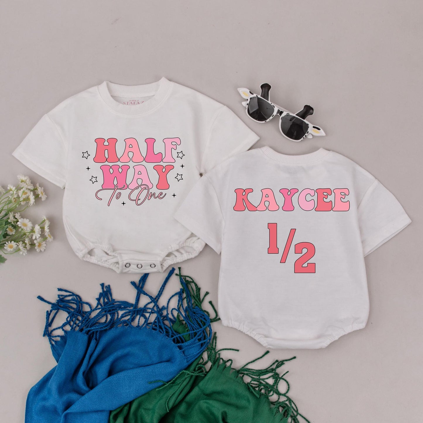 Personalized Half Way To One Romper for Baby Girl Half Birthday Outfit 6 Months Celebration Gift Soft Cotton Comfortable