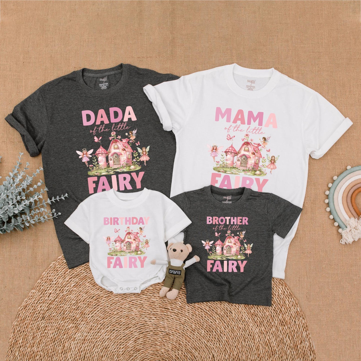 Whimsical Fairy Birthday Family Matching Shirts for First Birthday Girl, Pink Fairy House & Delicate Butterflies, Soft Green Foliage, Pink Green Brown