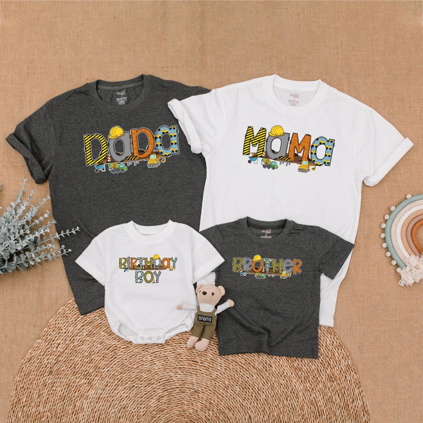 Custom Construction Birthday Family Shirts, Mommy and Me Outfit for First Birthday Boy Party Celebration with Truck Design, Soft Cotton Apparel
