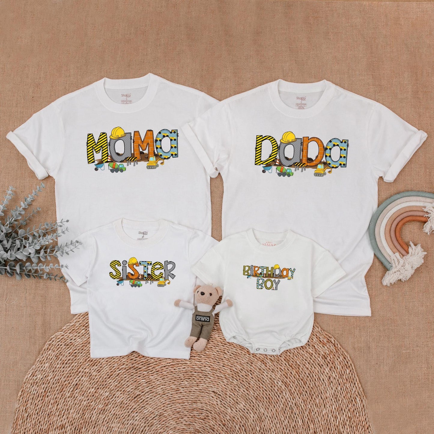 Custom Construction Birthday Family Shirts, Mommy and Me Outfit for First Birthday Boy Party Celebration with Truck Design, Soft Cotton Apparel