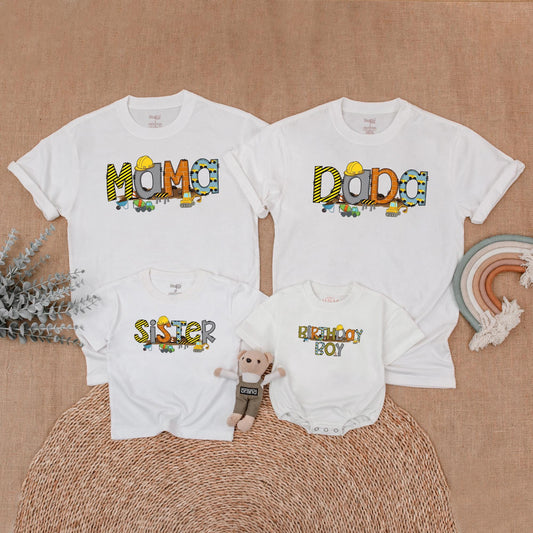 Custom Construction Birthday Family Shirts, Mommy and Me Outfit for First Birthday Boy Party Celebration with Truck Design, Soft Cotton Apparel