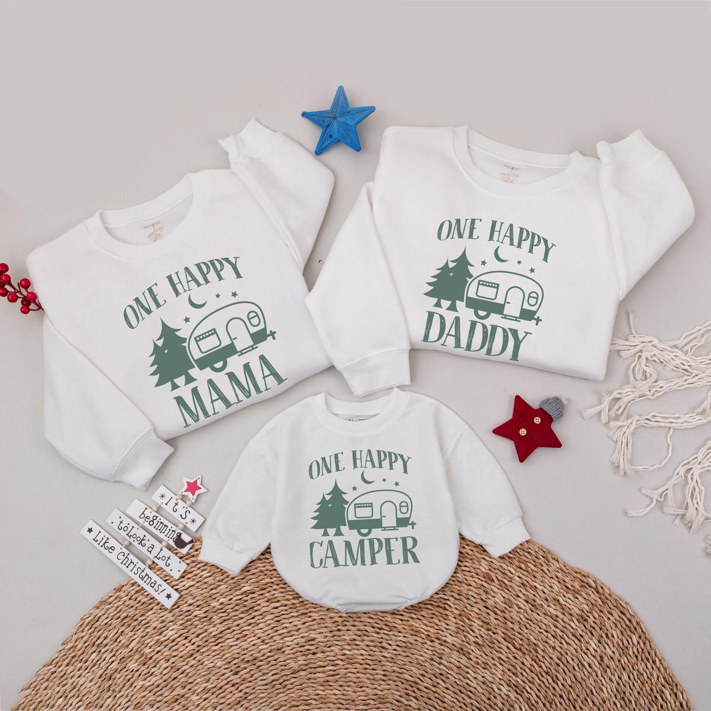 One Happy Camper Family Matching Sweatshirts, Camping 1st Birthday Outfit, Green Pine Tree Moon Starry Design, Mama Daddy Baby Shirts, Sweet Camp Vibes