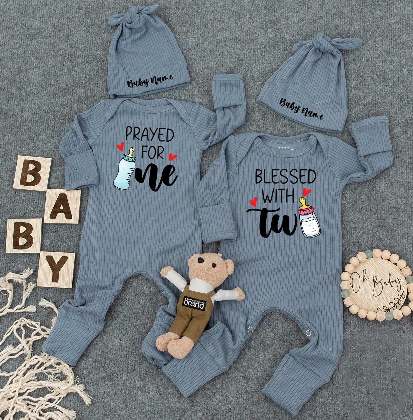 Prayed For One Blessed With Two Twin Baby Bodysuit Custom Name Romper Gender Neutral Newborn Gift Cute Cuties Jumpsuit