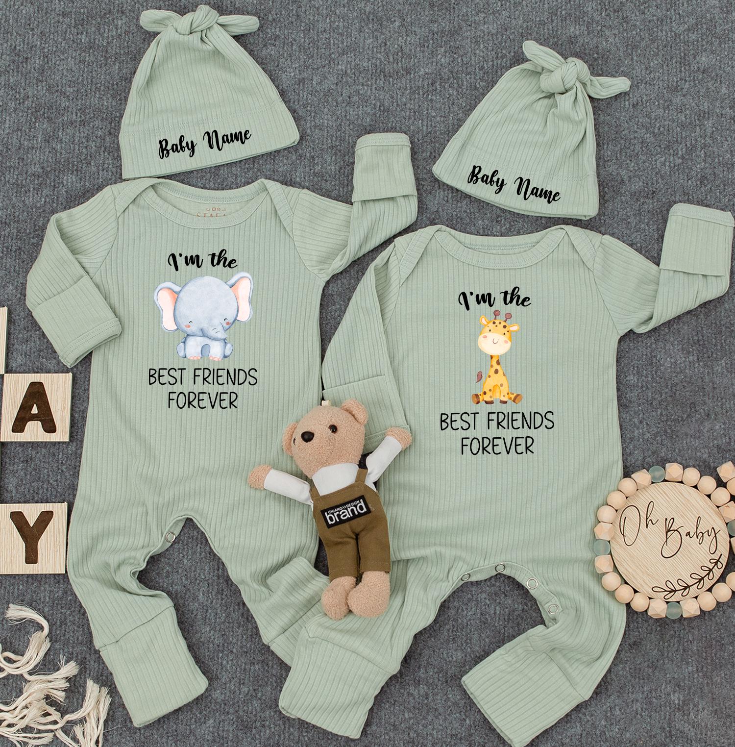 Elephant & Giraffe Twin Bodysuit Set - Cute Newborn Baby Matching Outfits, Twin Baby Shower Gift, Best Friend Theme, Gender Neutral