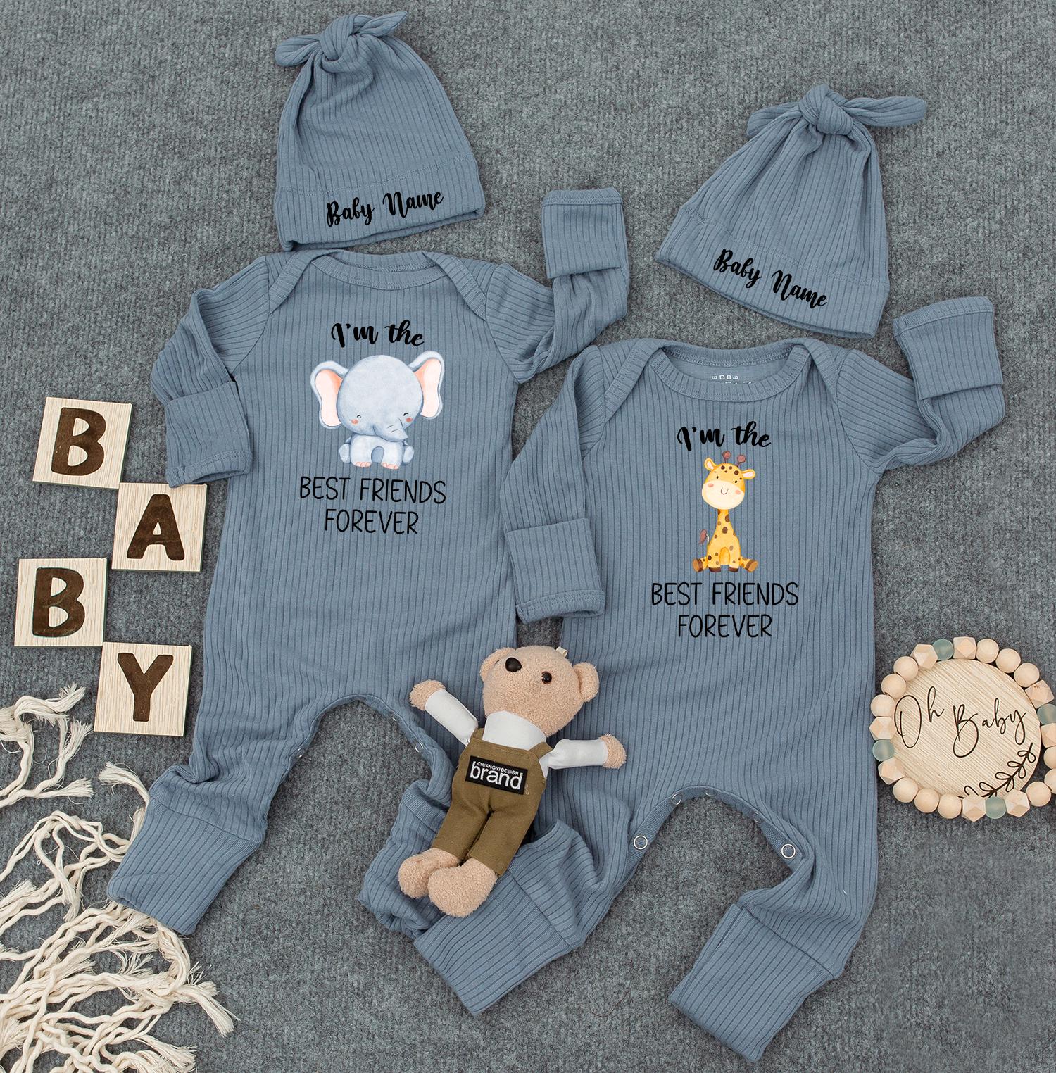 Elephant & Giraffe Twin Bodysuit Set - Cute Newborn Baby Matching Outfits, Twin Baby Shower Gift, Best Friend Theme, Gender Neutral