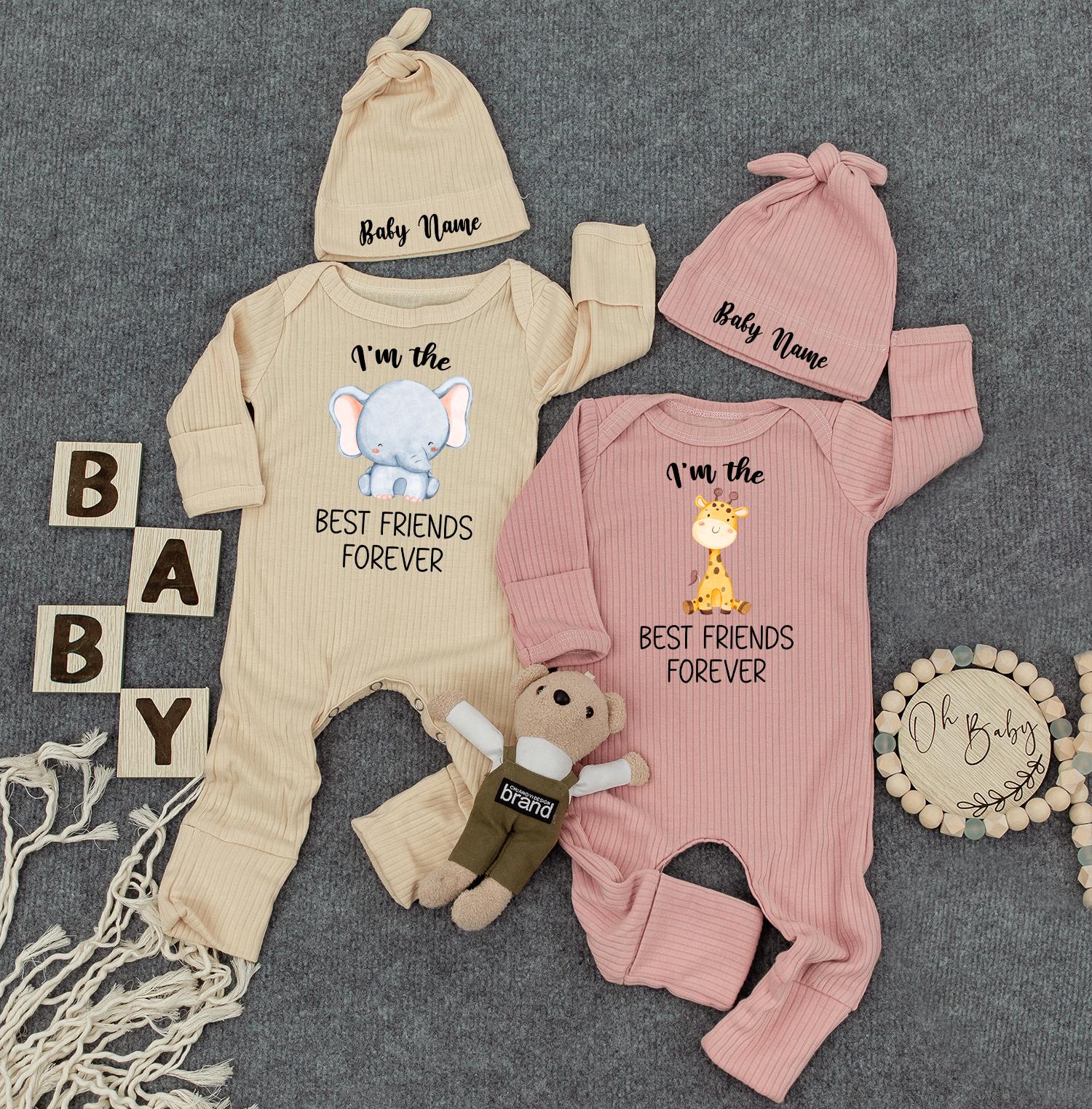 Elephant & Giraffe Twin Bodysuit Set - Cute Newborn Baby Matching Outfits, Twin Baby Shower Gift, Best Friend Theme, Gender Neutral
