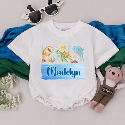 Custom Sea Creature Birthday Baby Romper Personalized Beach Bodysuit Summer Kids Outfits Toddler Infant Gift