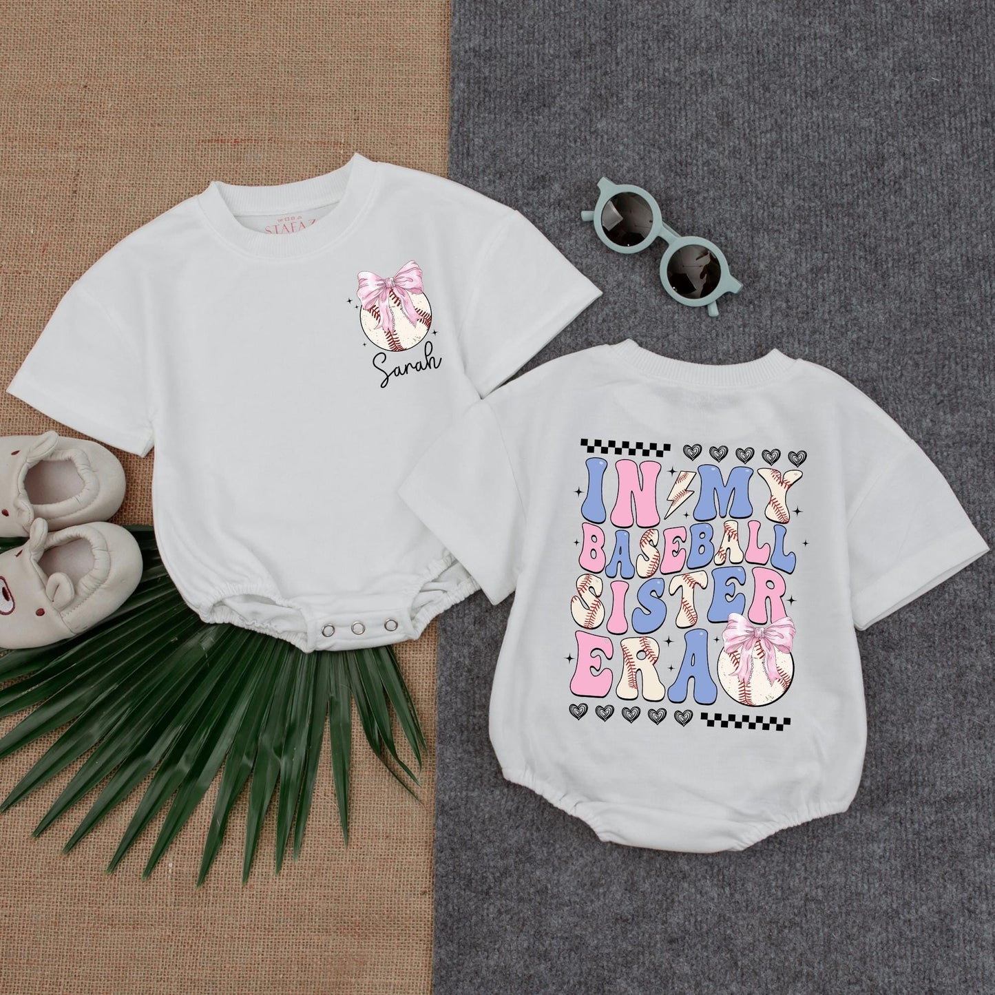 Custom Baseball Sister Era Bubble Romper Baby Girl Outfit Baseball Lover Tee Gift, Custom Name Birthday Baby Shower Present