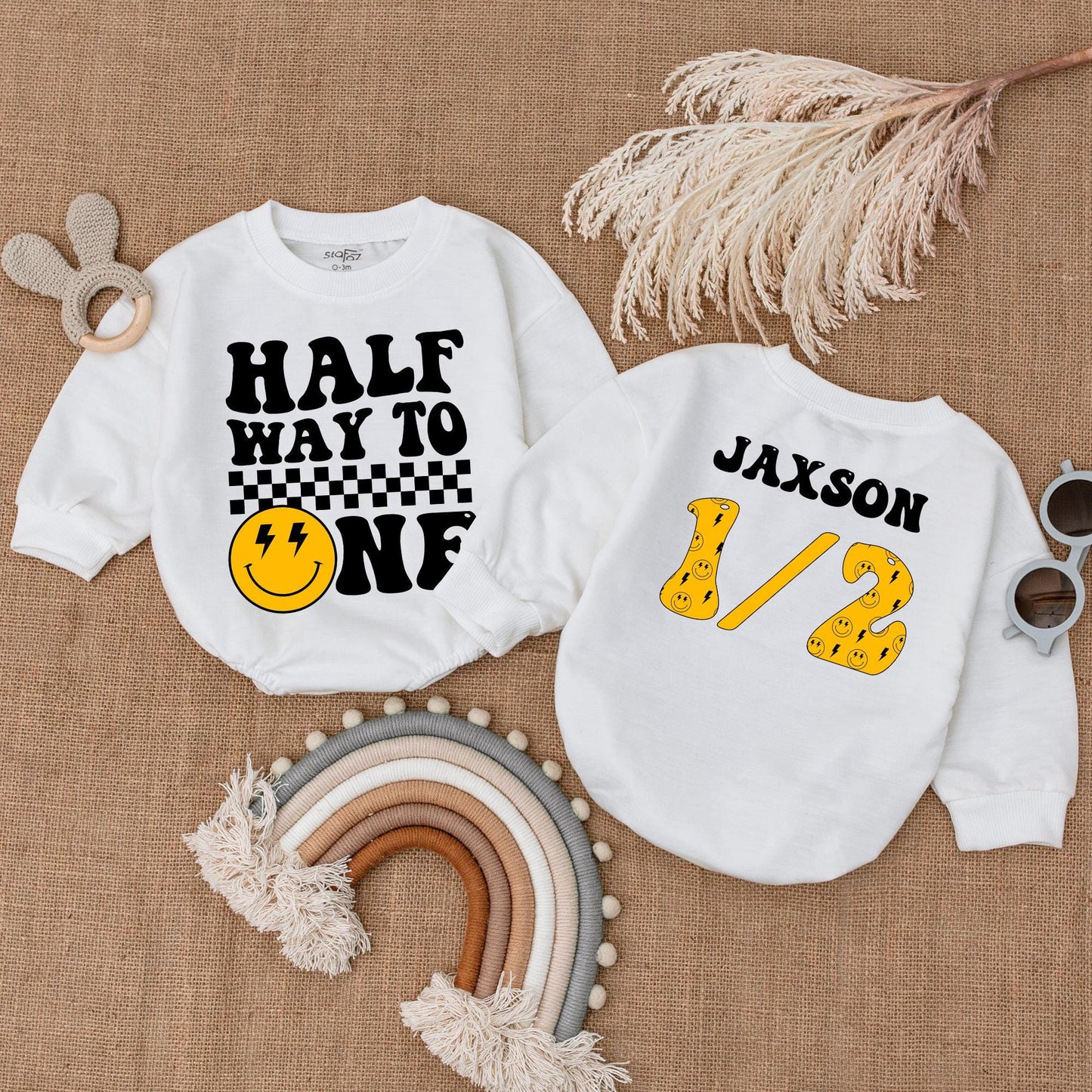 Halfway to One Smiley Baby Romper Boy 1/2 Birthday Outfit, Baby Shower Gift, 1st Birthday, Happy Dude, Summer Infant Clothes