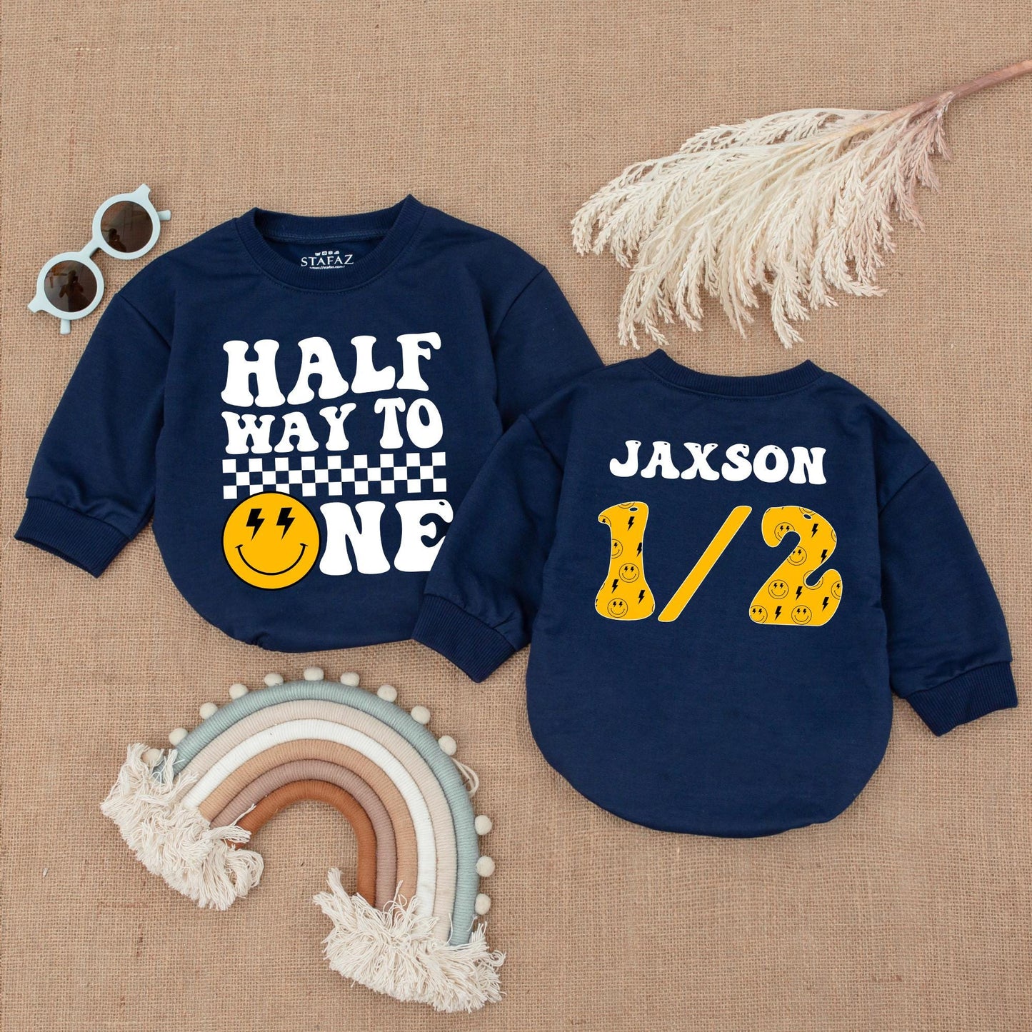 Halfway to One Smiley Baby Romper Boy 1/2 Birthday Outfit, Baby Shower Gift, 1st Birthday, Happy Dude, Summer Infant Clothes