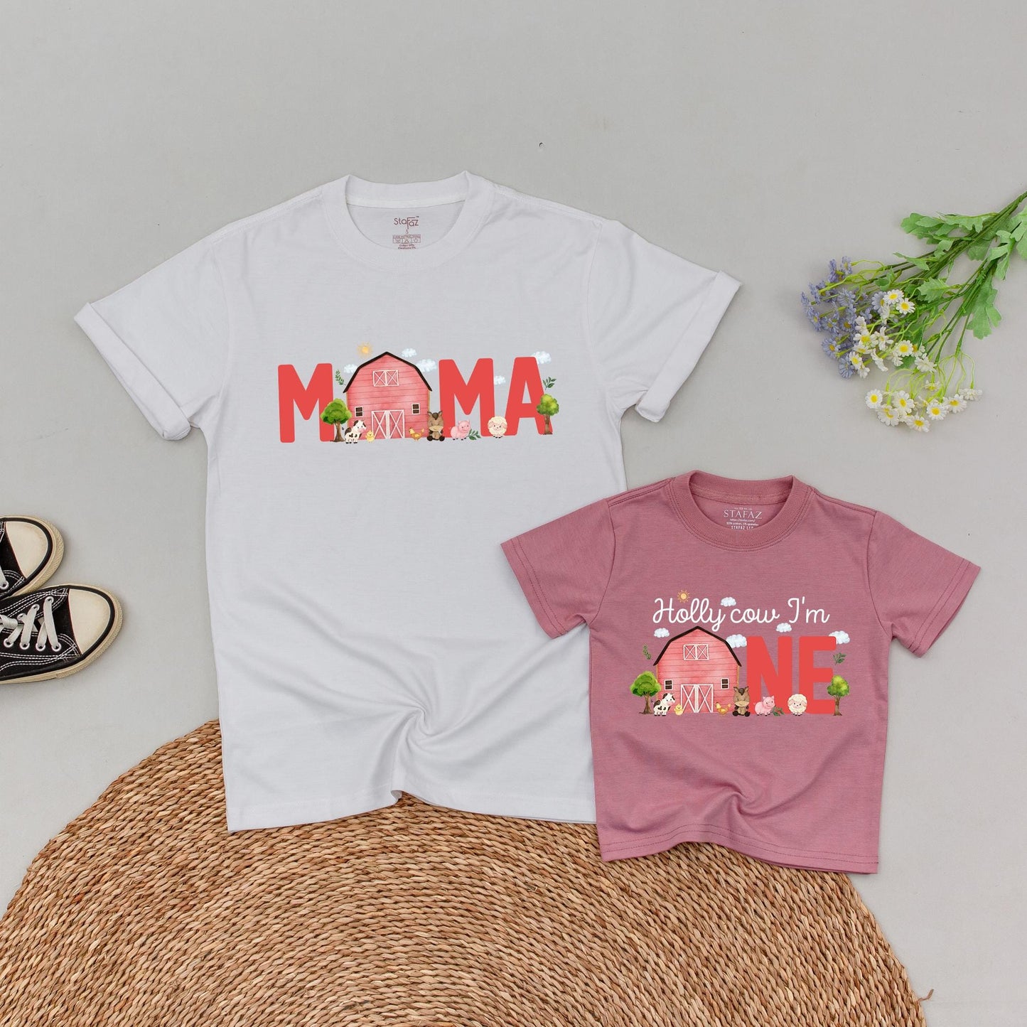 Farm Birthday Family T-Shirt: Personalized Barnyard 1st Birthday Tee, Cow Theme Boy & Girl Shirts, Boho Farm Animals