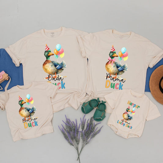 One Lucky Duck First Birthday Family Matching Shirts Whimsical Watercolor Duck Party Celebration Outfits for Mom Dad Baby Toddler