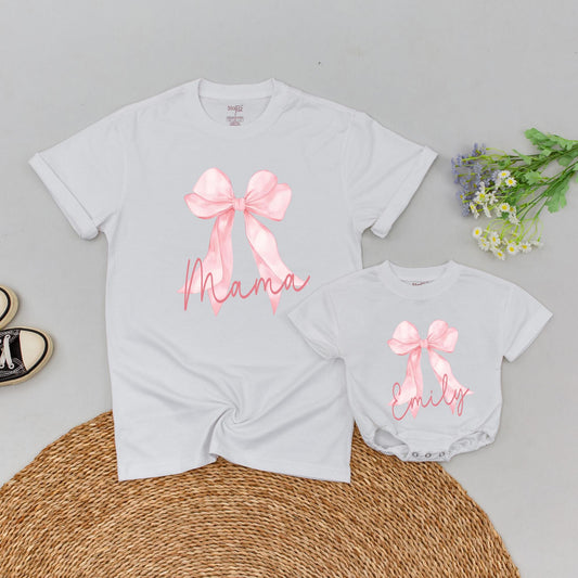 Personalized Pink Bow First Birthday Family T-Shirt Matching Outfit Custom Name 1st Birthday Girl Pink Bow Party Celebration Gift