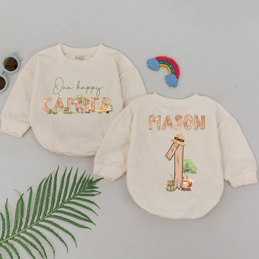 Personalized Happy Camper Romper Adventure Birthday Outfit Baby Boy 1st Birthday Forest Squirrel Campfire Woodland Style