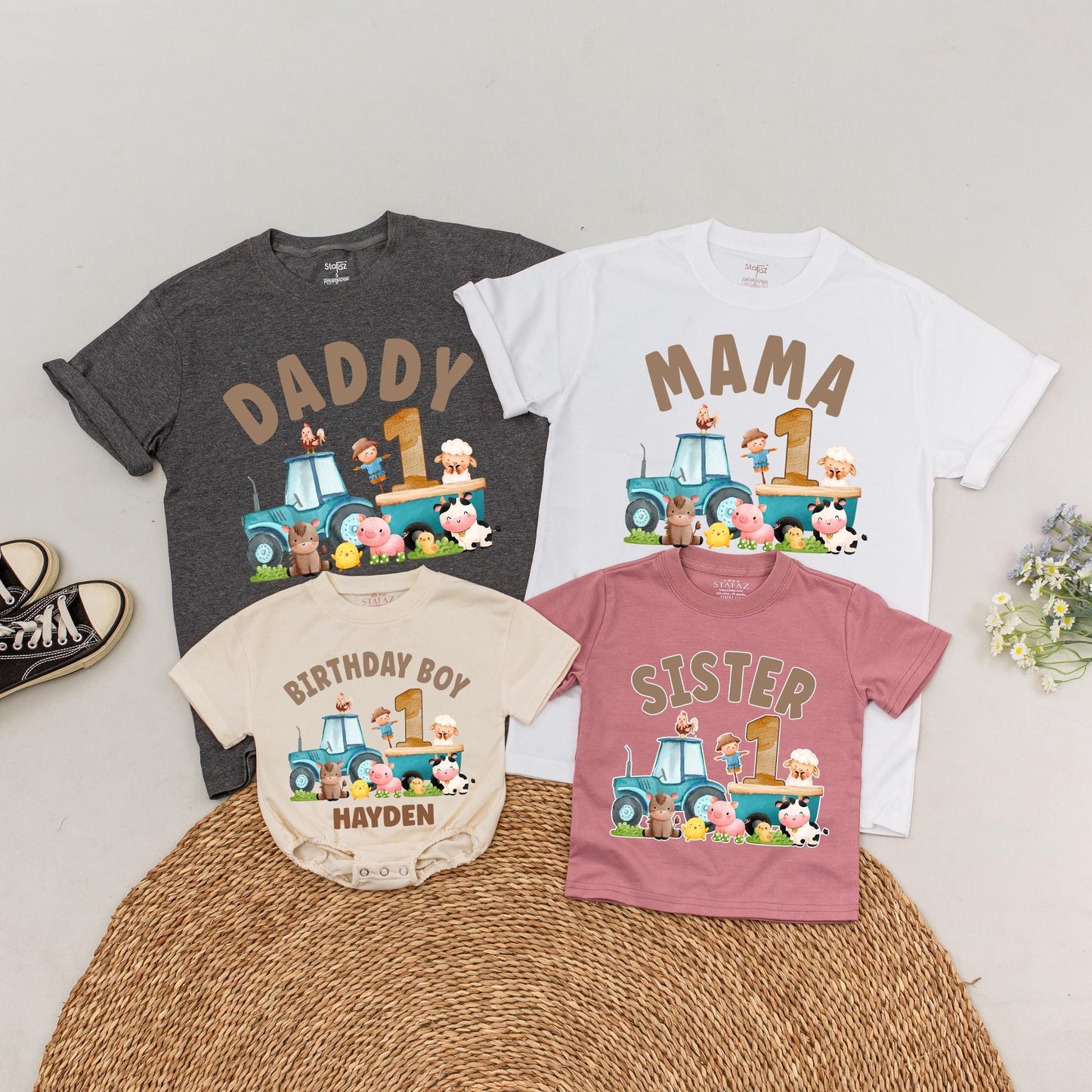 Personalized Farm First Birthday Shirt Boho Barnyard Cow Outfit Boy Girl Matching Family