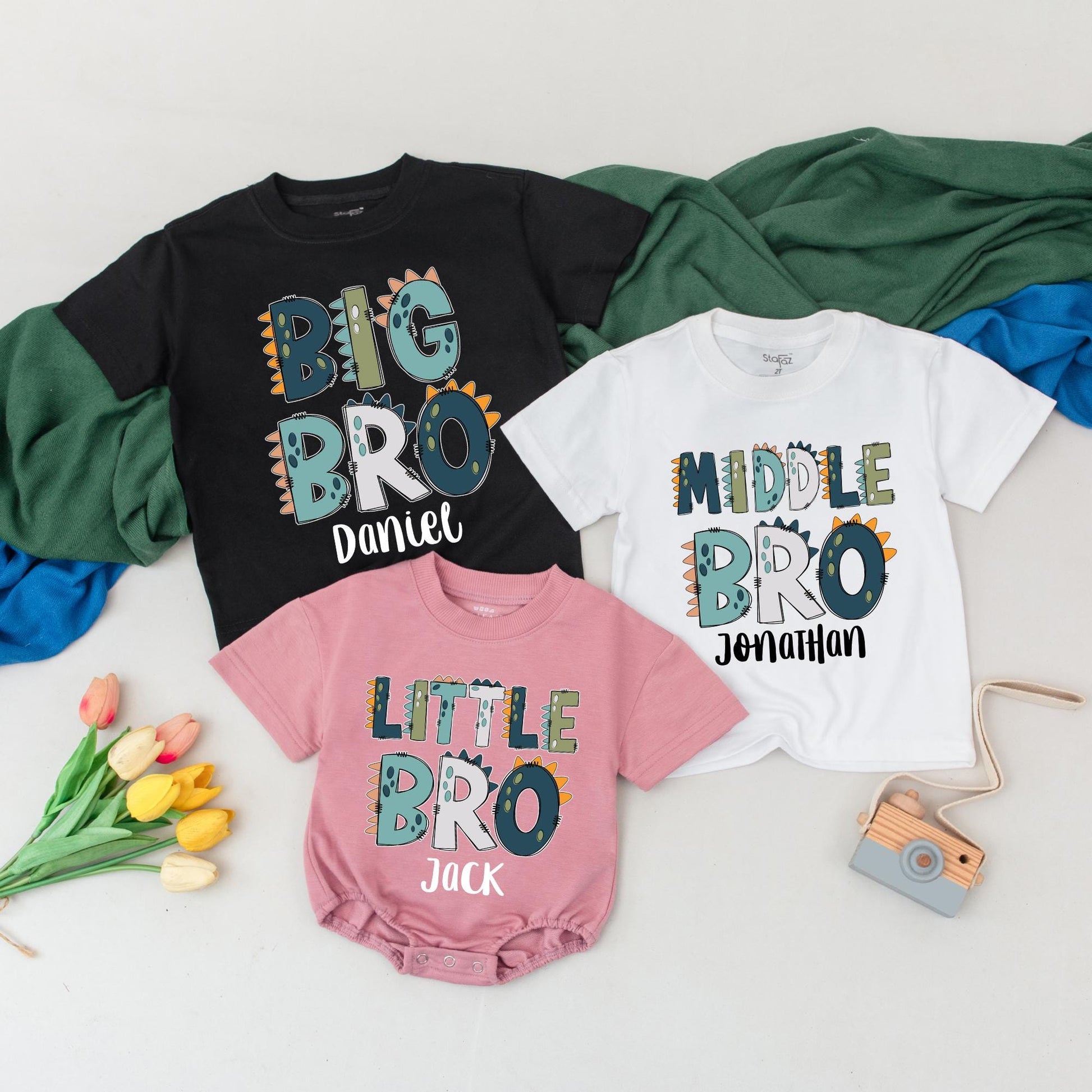Personalized Big Bro Middle Bro Little Bro Dinosaur Matching Sibling Shirts Brother Gifts