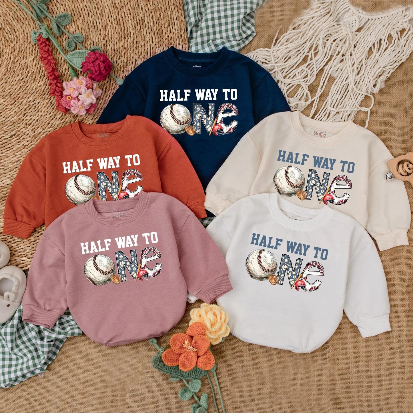 Personalized Half Way To One Baseball Romper Baby Boy Half Birthday Outfit Blue Baseball Theme for 6 Months Celebration Gift