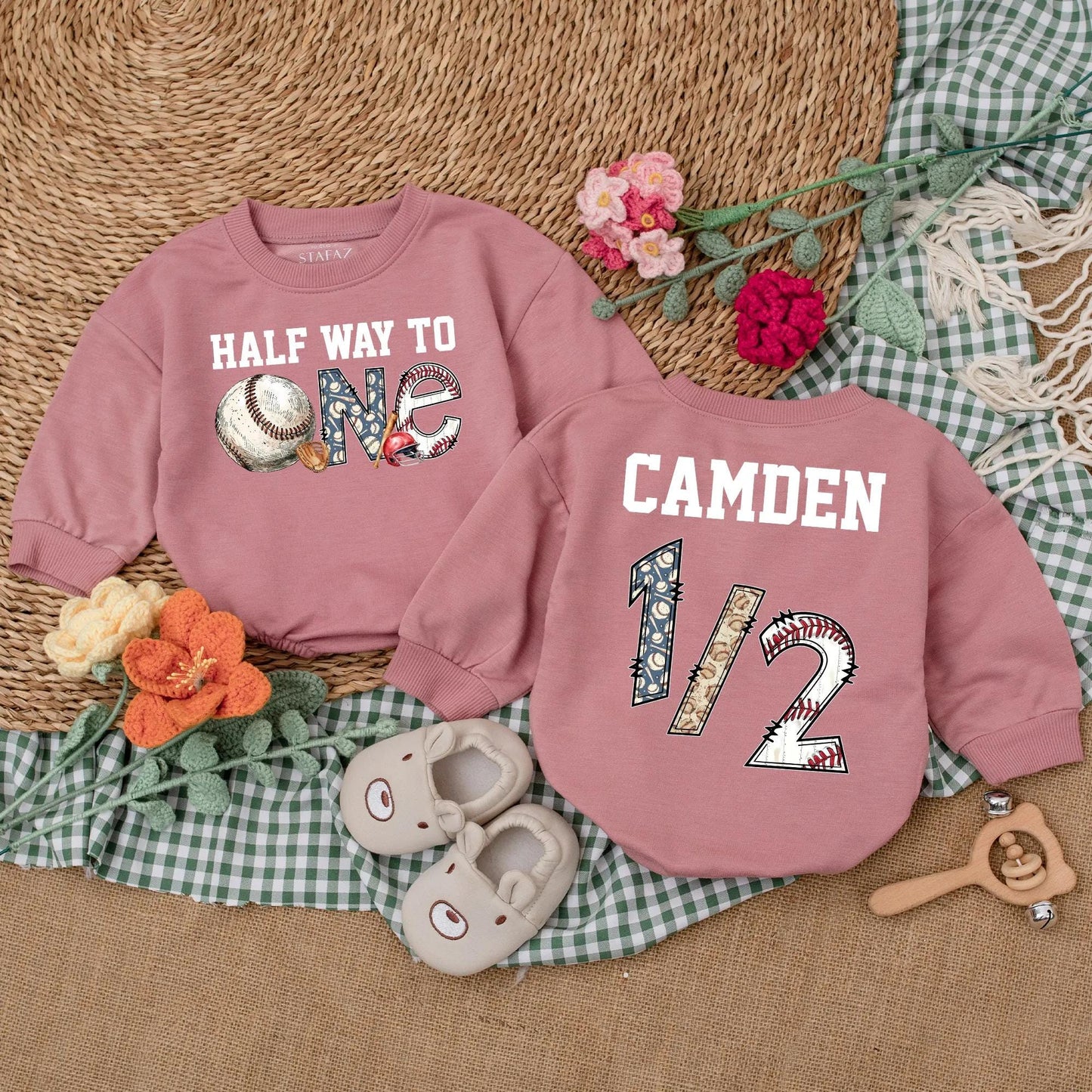 Personalized Half Way To One Baseball Romper Baby Boy Half Birthday Outfit Blue Baseball Theme for 6 Months Celebration Gift