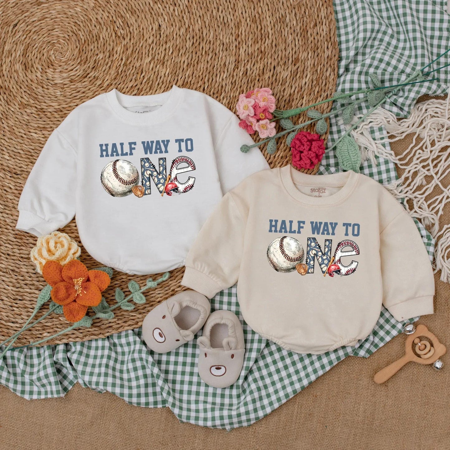 Personalized Half Way To One Baseball Romper Baby Boy Half Birthday Outfit Blue Baseball Theme for 6 Months Celebration Gift