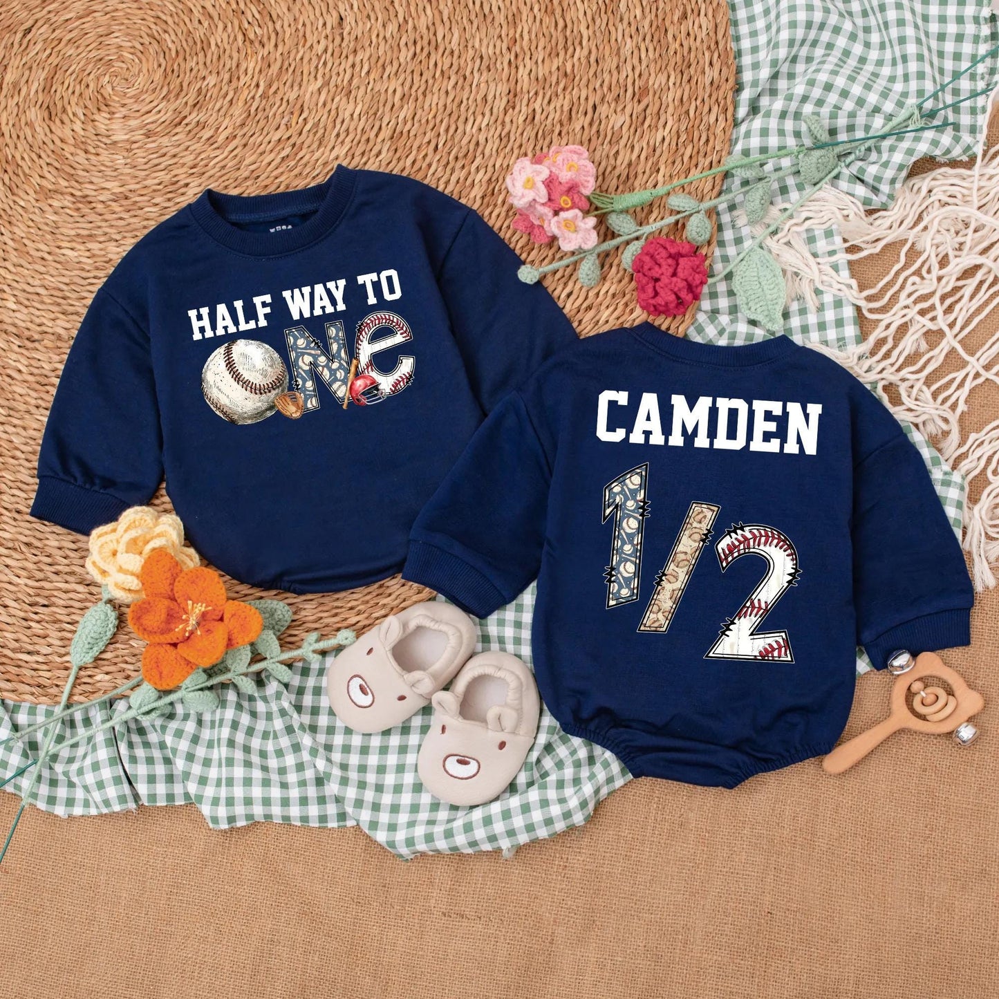 Personalized Half Way To One Baseball Romper Baby Boy Half Birthday Outfit Blue Baseball Theme for 6 Months Celebration Gift
