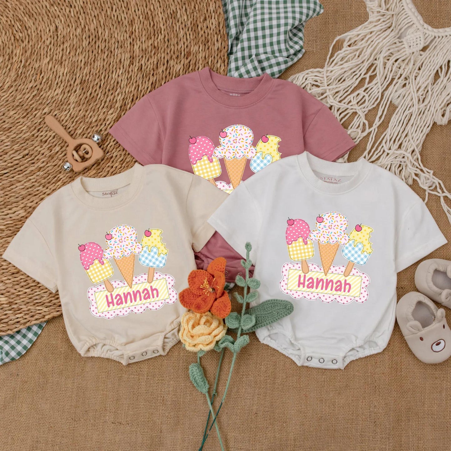 Personalized Ice Cream First Birthday Bubble Romper Summer Baby Bodysuit Cake Smash Outfit Sweet One Party Celebration Gift for Infant Girl
