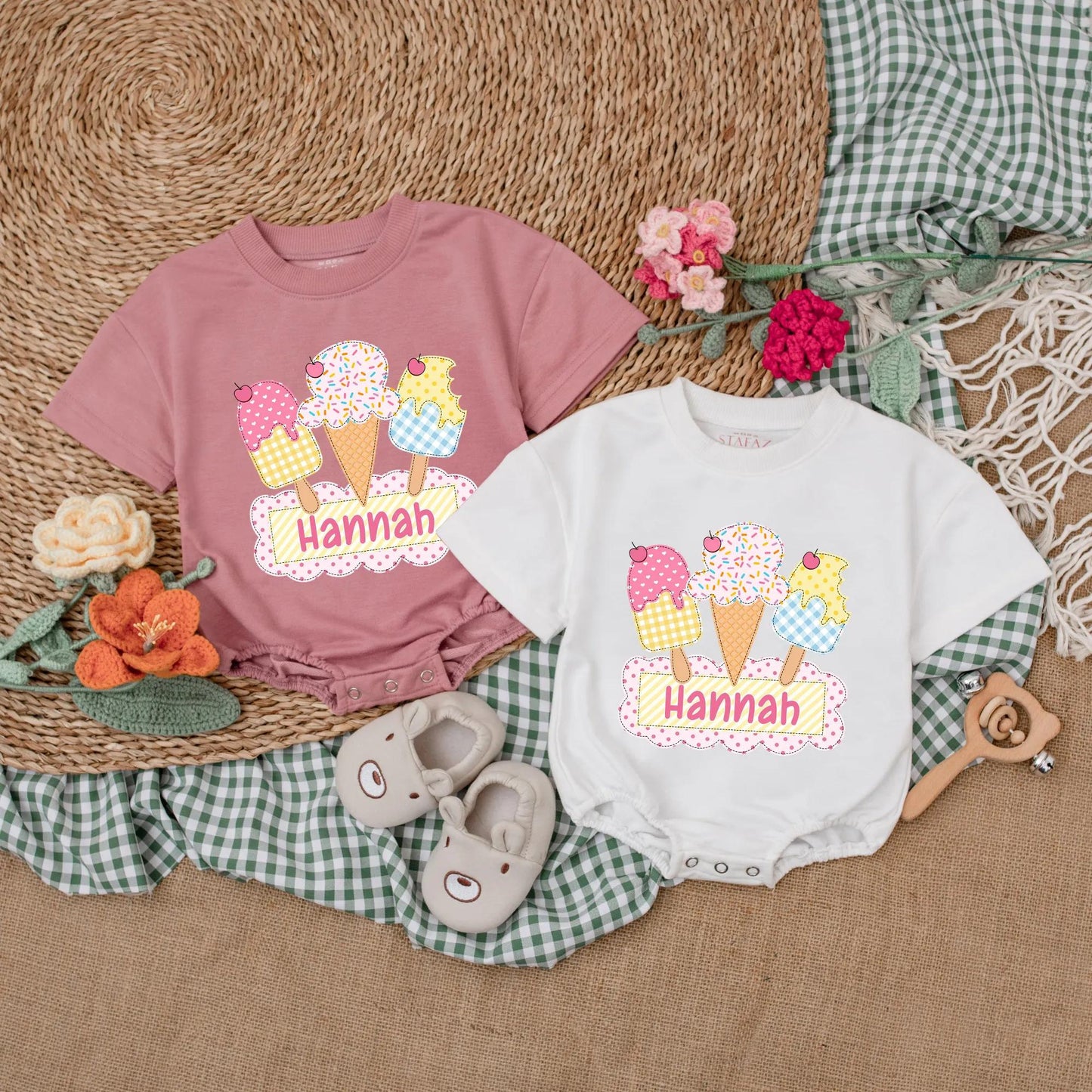 Personalized Ice Cream First Birthday Bubble Romper Summer Baby Bodysuit Cake Smash Outfit Sweet One Party Celebration Gift for Infant Girl