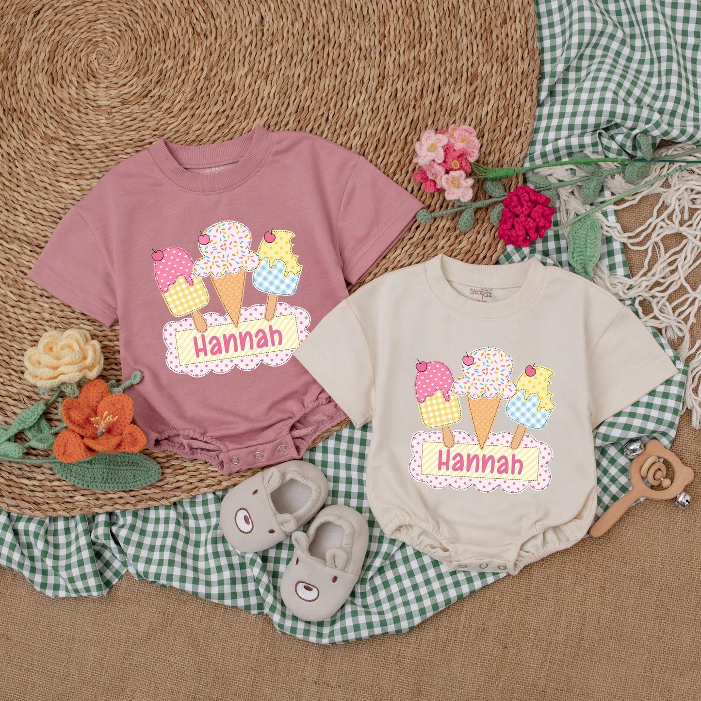 Personalized Ice Cream First Birthday Bubble Romper Summer Baby Bodysuit Cake Smash Outfit Sweet One Party Celebration Gift for Infant Girl