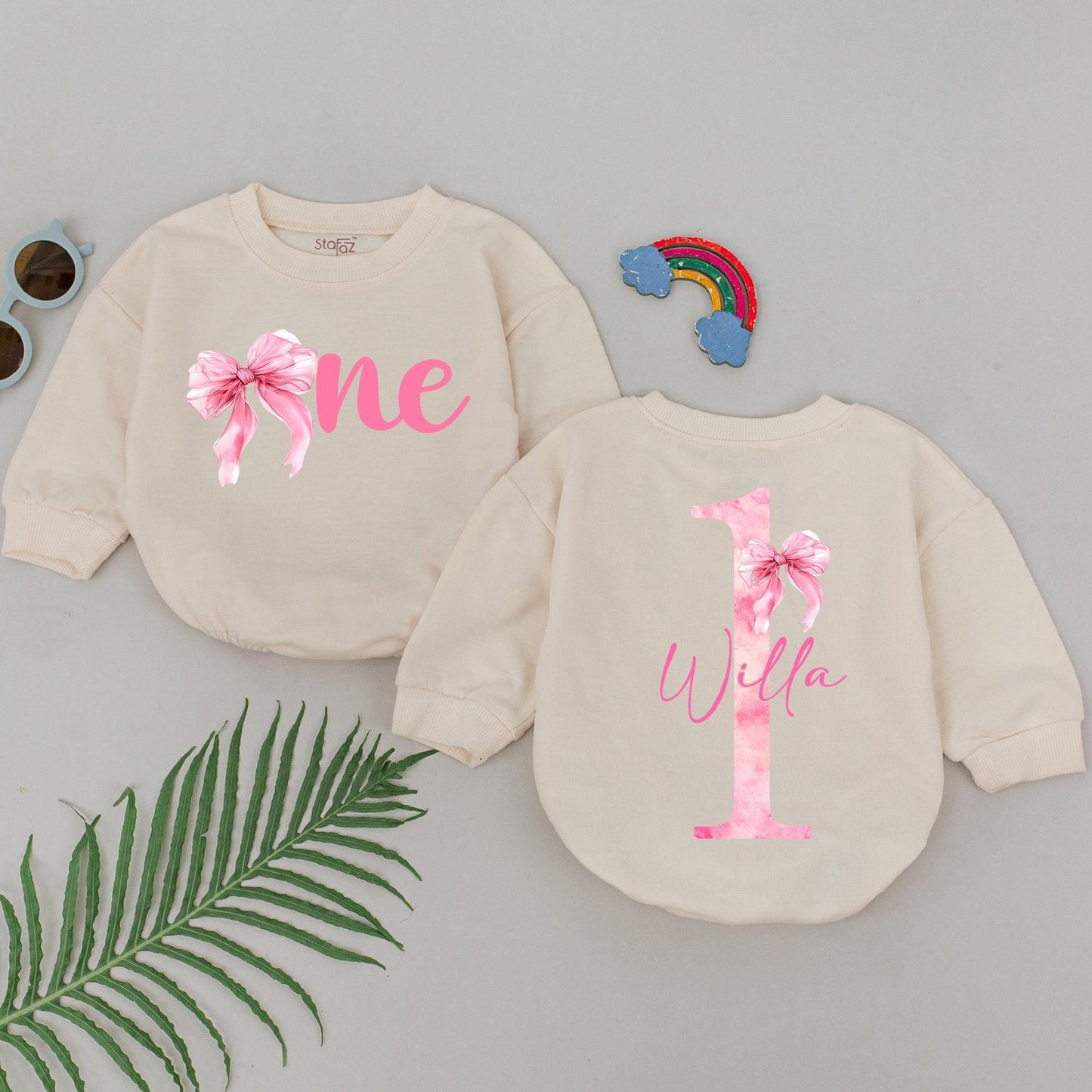Personalized 1st Birthday Romper for Baby Girl, Pink Ribbon One Design Outfit with Her Name, Watercolor First Year Bodysuit Gift