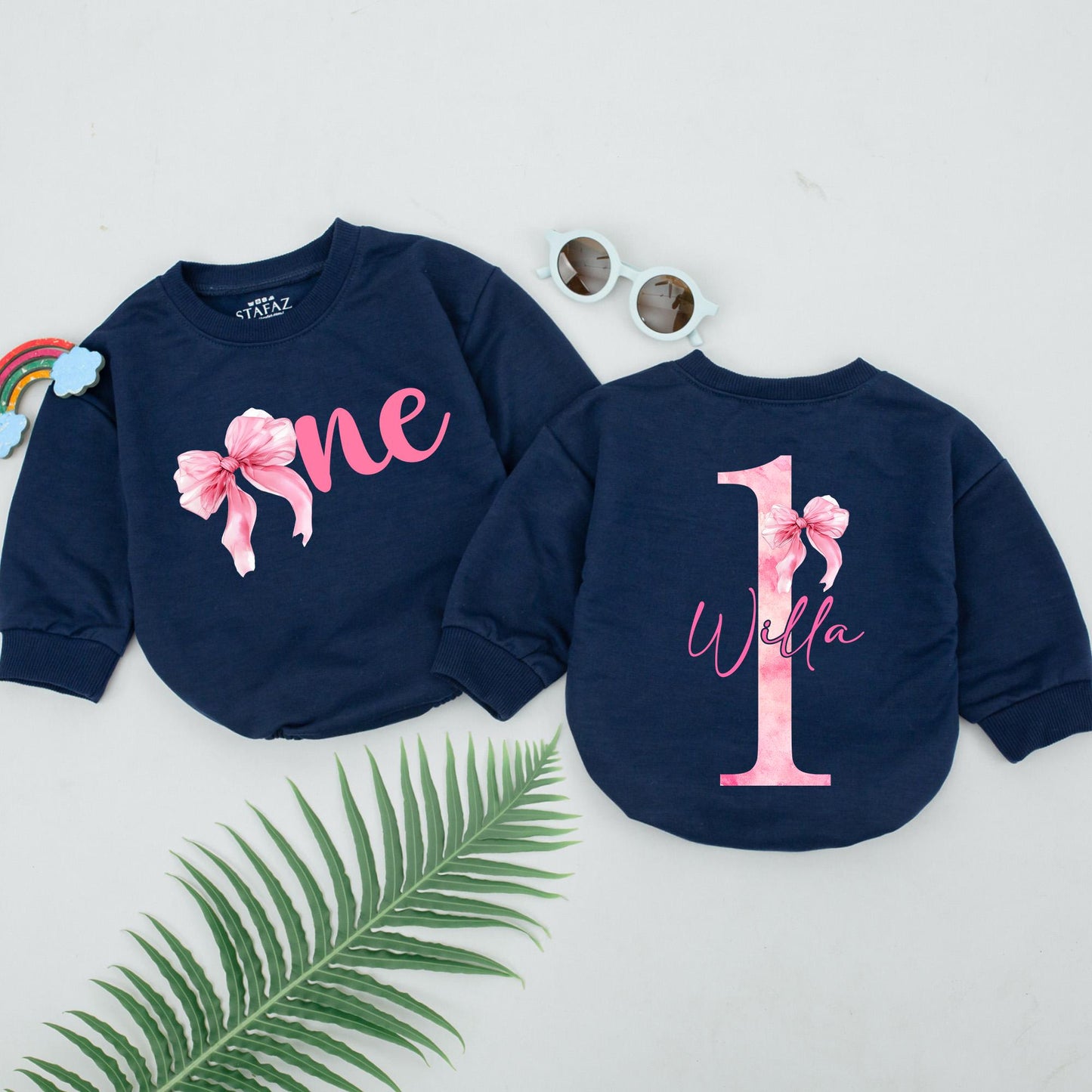 Personalized 1st Birthday Romper for Baby Girl, Pink Ribbon One Design Outfit with Her Name, Watercolor First Year Bodysuit Gift