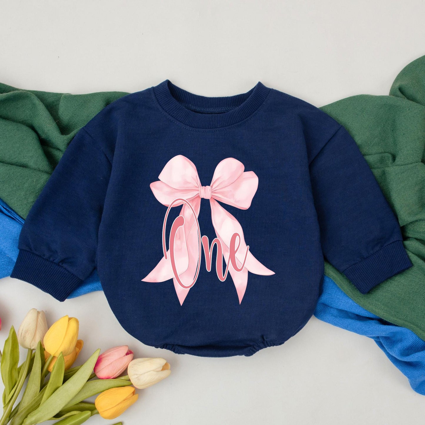 Pink Bow First Birthday Romper Personalized 1st Birthday Girl Outfit Custom Infant Bodysuit Baby Shower Gift