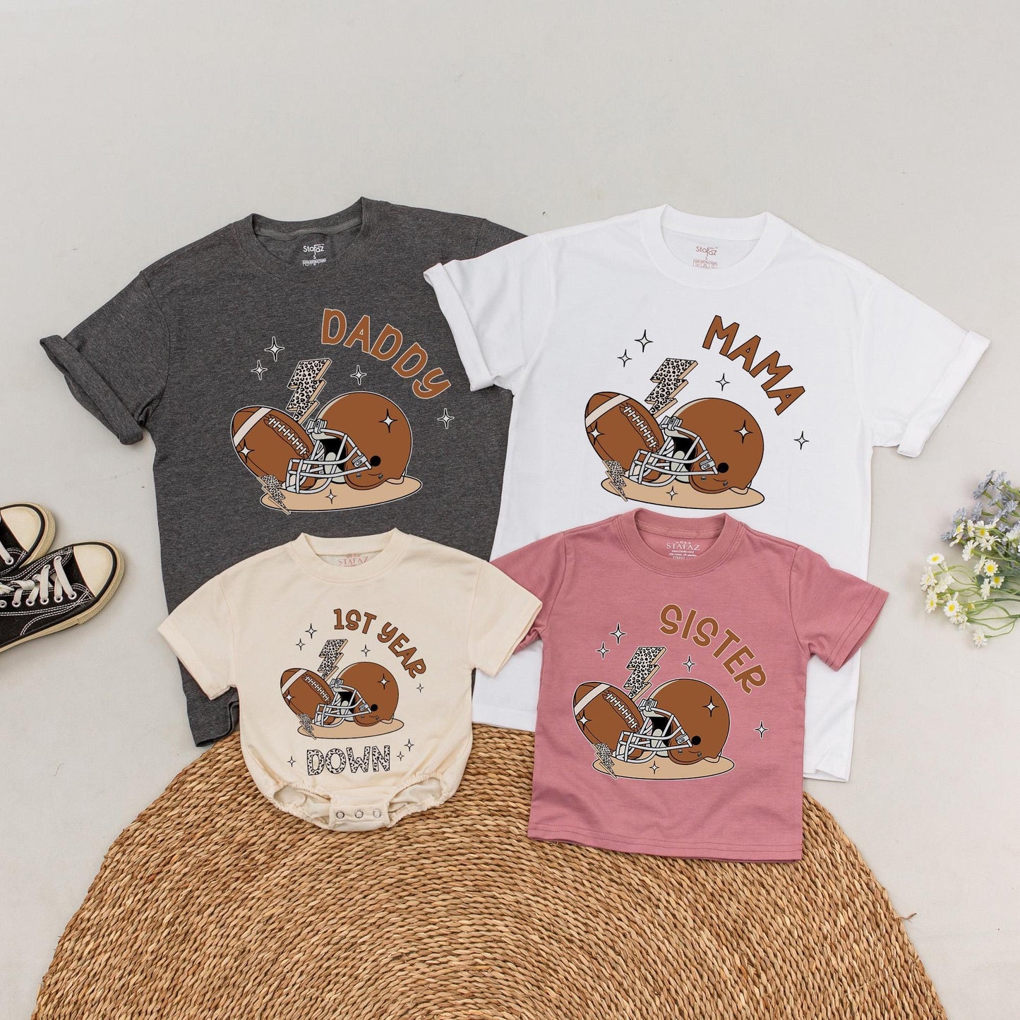 Personalized Football 1st Birthday Family Matching Shirts Romper Set One Year Down Sports Party Outfits for Baby Boy with Custom Name