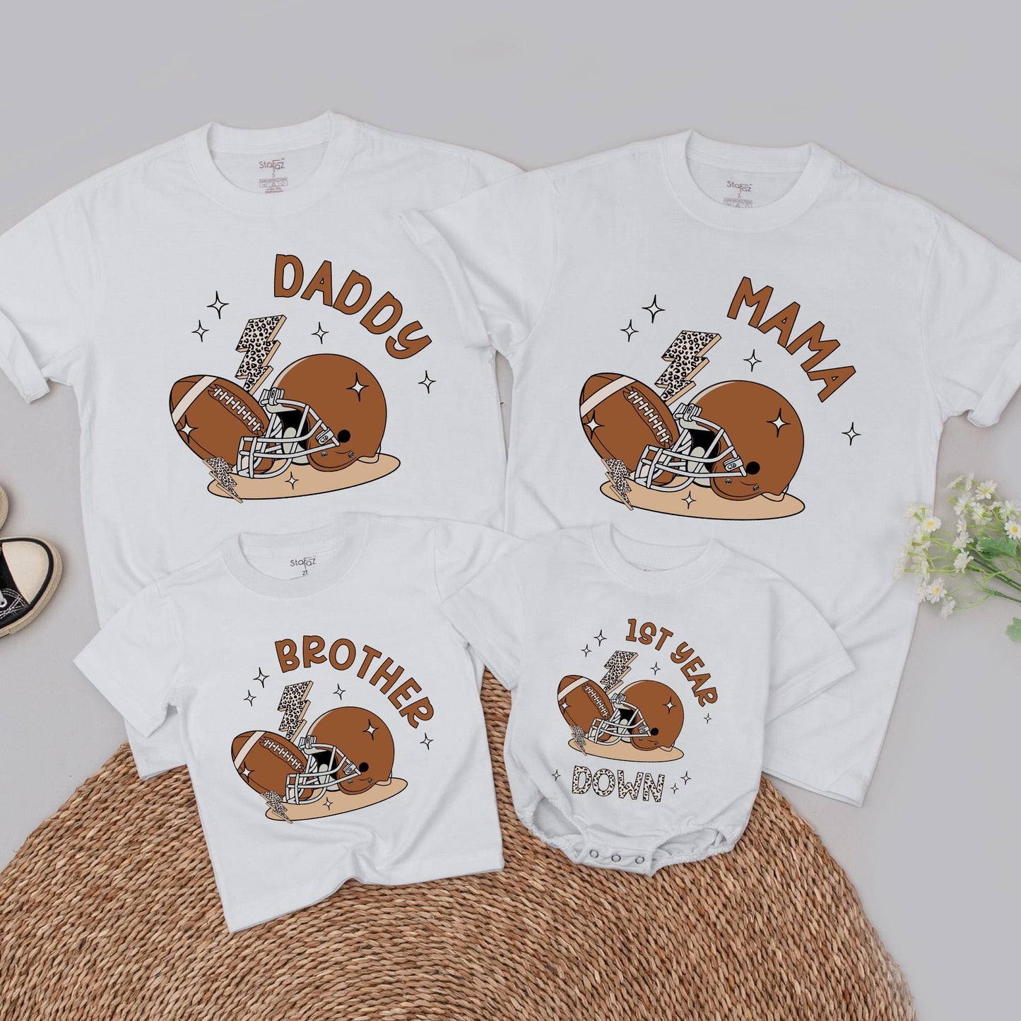 Personalized Football 1st Birthday Family Matching Shirts Romper Set One Year Down Sports Party Outfits for Baby Boy with Custom Name