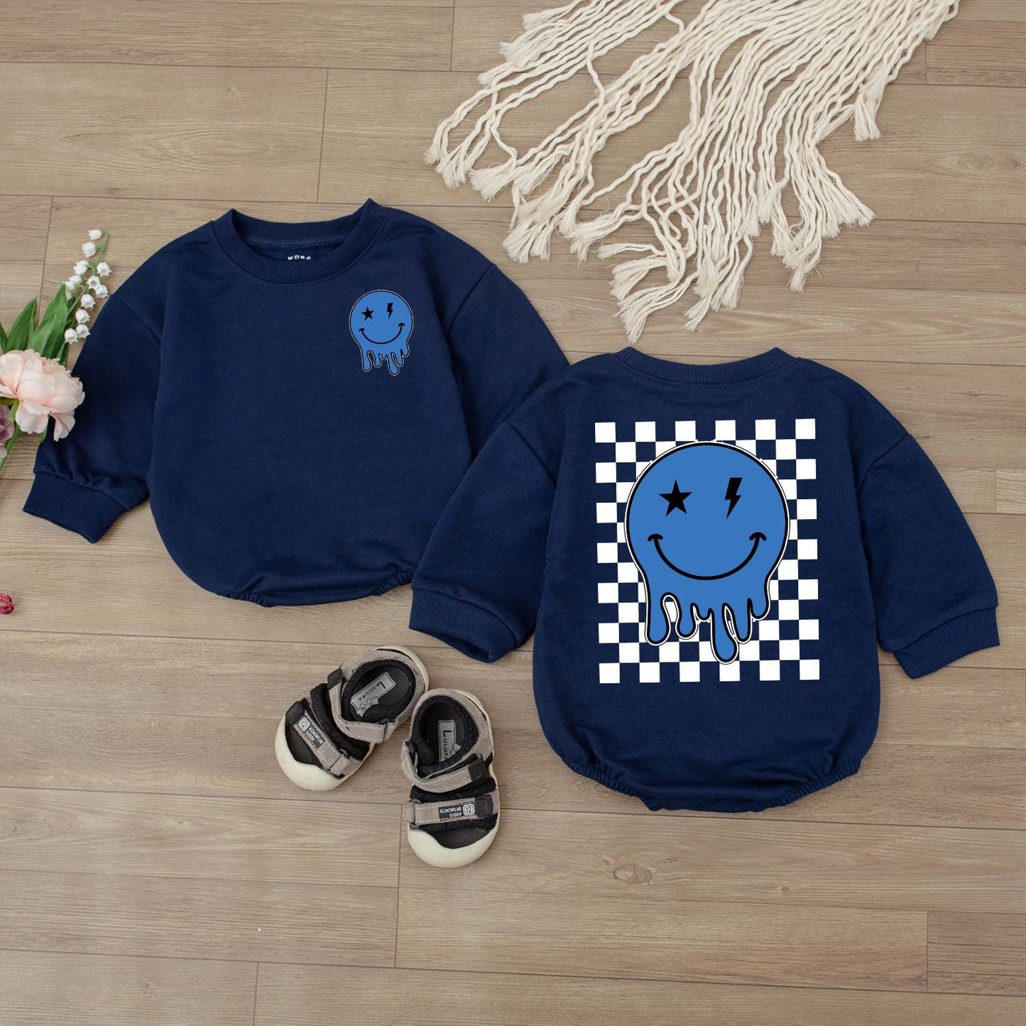 Baby Boy Smiley Face Romper, Happy Face Bodysuit, Checkered Sweatshirt, Newborn Gift, Cute Outfit, Retro Style, Baby Shower Clothes (138 chars)
