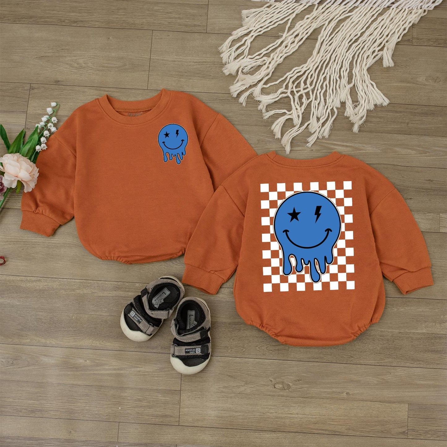 Baby Boy Smiley Face Romper, Happy Face Bodysuit, Checkered Sweatshirt, Newborn Gift, Cute Outfit, Retro Style, Baby Shower Clothes (138 chars)