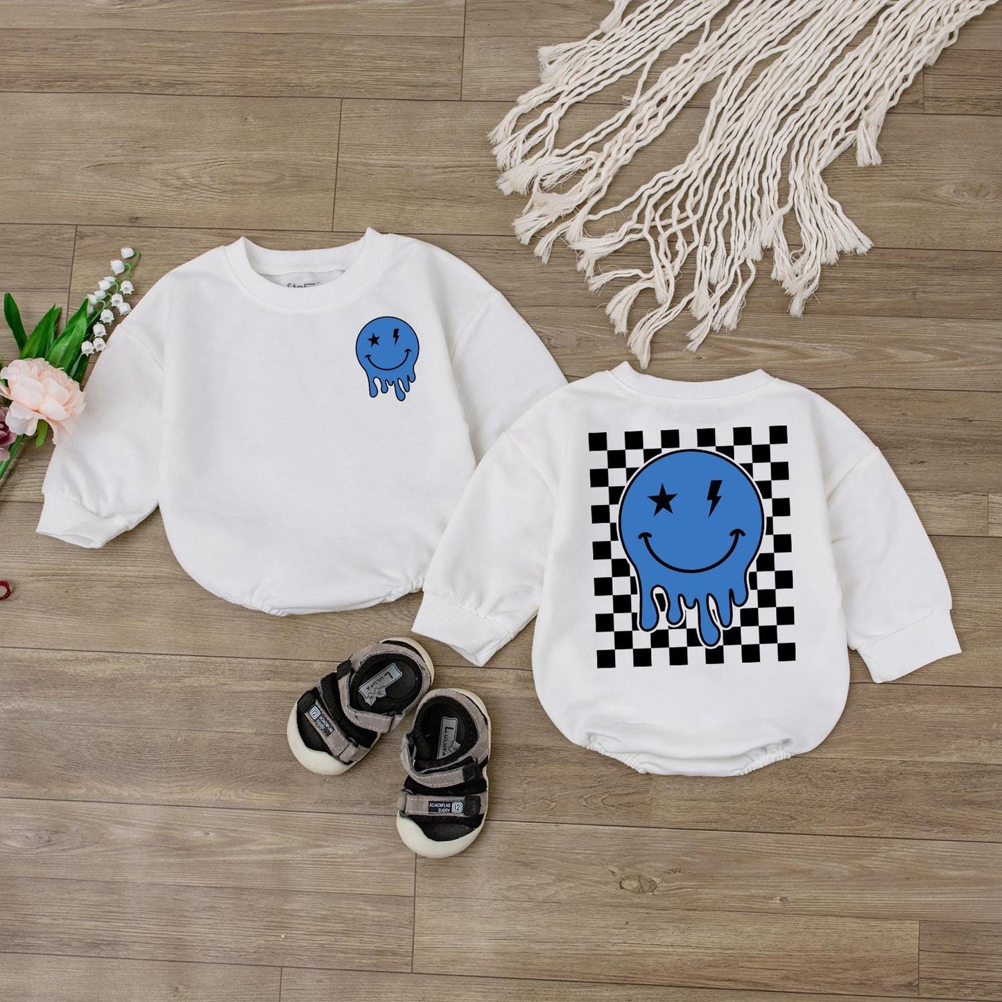 Baby Boy Smiley Face Romper, Happy Face Bodysuit, Checkered Sweatshirt, Newborn Gift, Cute Outfit, Retro Style, Baby Shower Clothes (138 chars)
