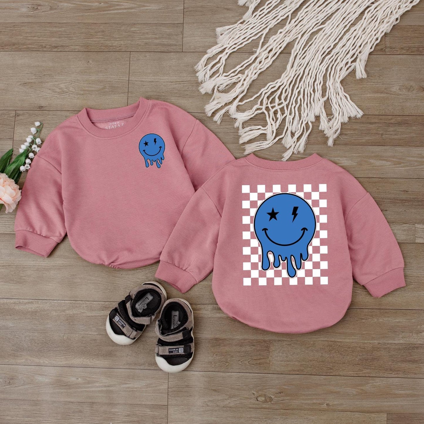 Baby Boy Smiley Face Romper, Happy Face Bodysuit, Checkered Sweatshirt, Newborn Gift, Cute Outfit, Retro Style, Baby Shower Clothes (138 chars)