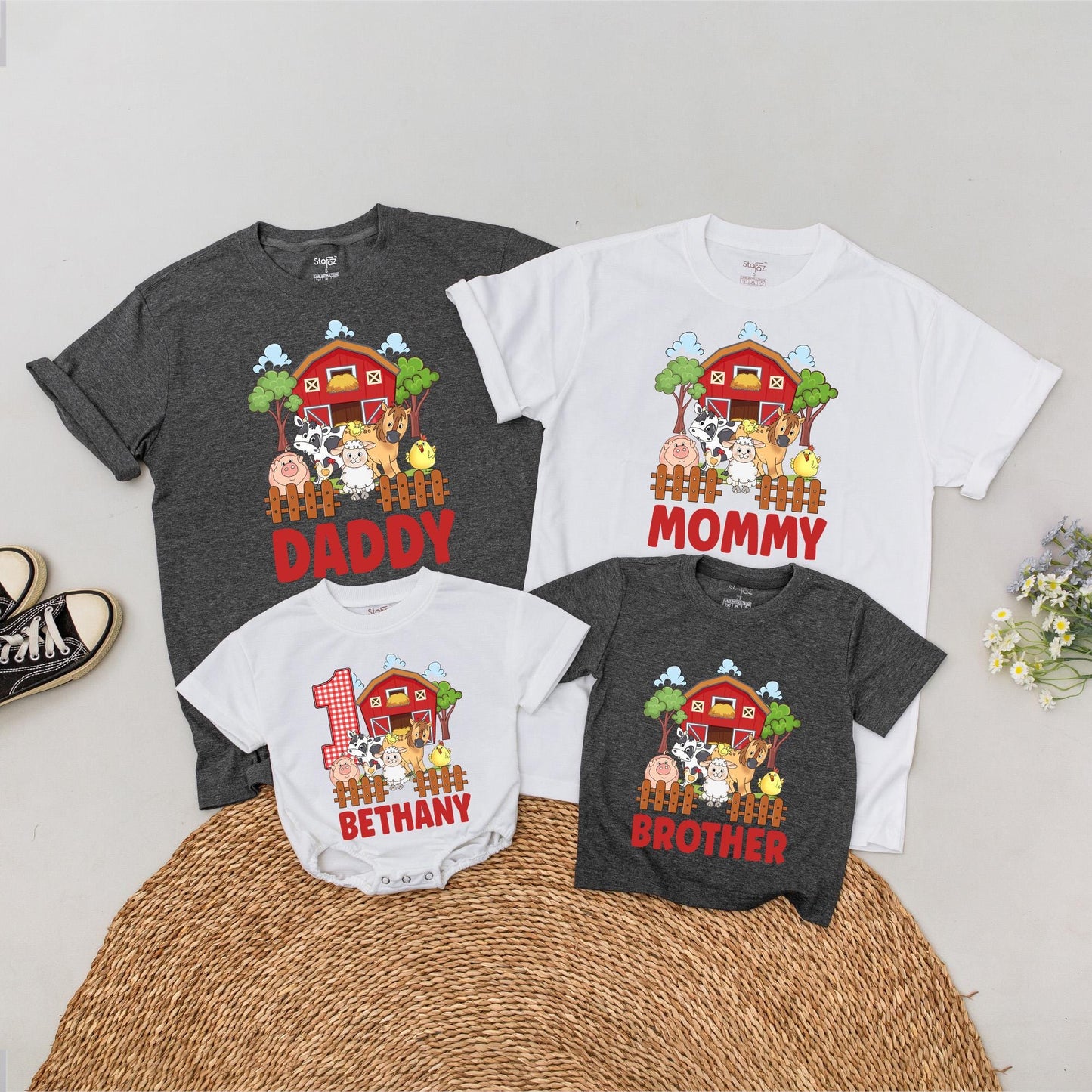Personalized Farm Birthday Family Matching T-Shirt First 1st Boy Girl Barnyard Holy Cow Animal Soft Cotton Tee