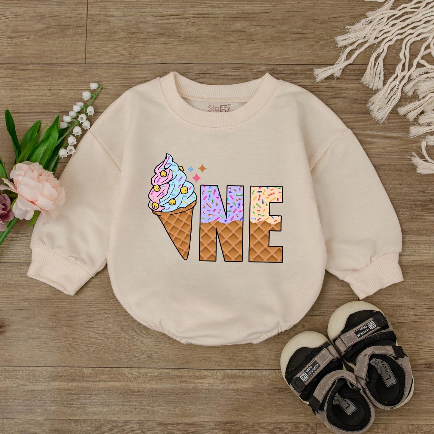 Sweet One Ice Cream Romper – Personalized 1st Birthday Baby Romper – Cute Ice Cream Birthday Outfit for Baby Girl – Perfect Baby Gift
