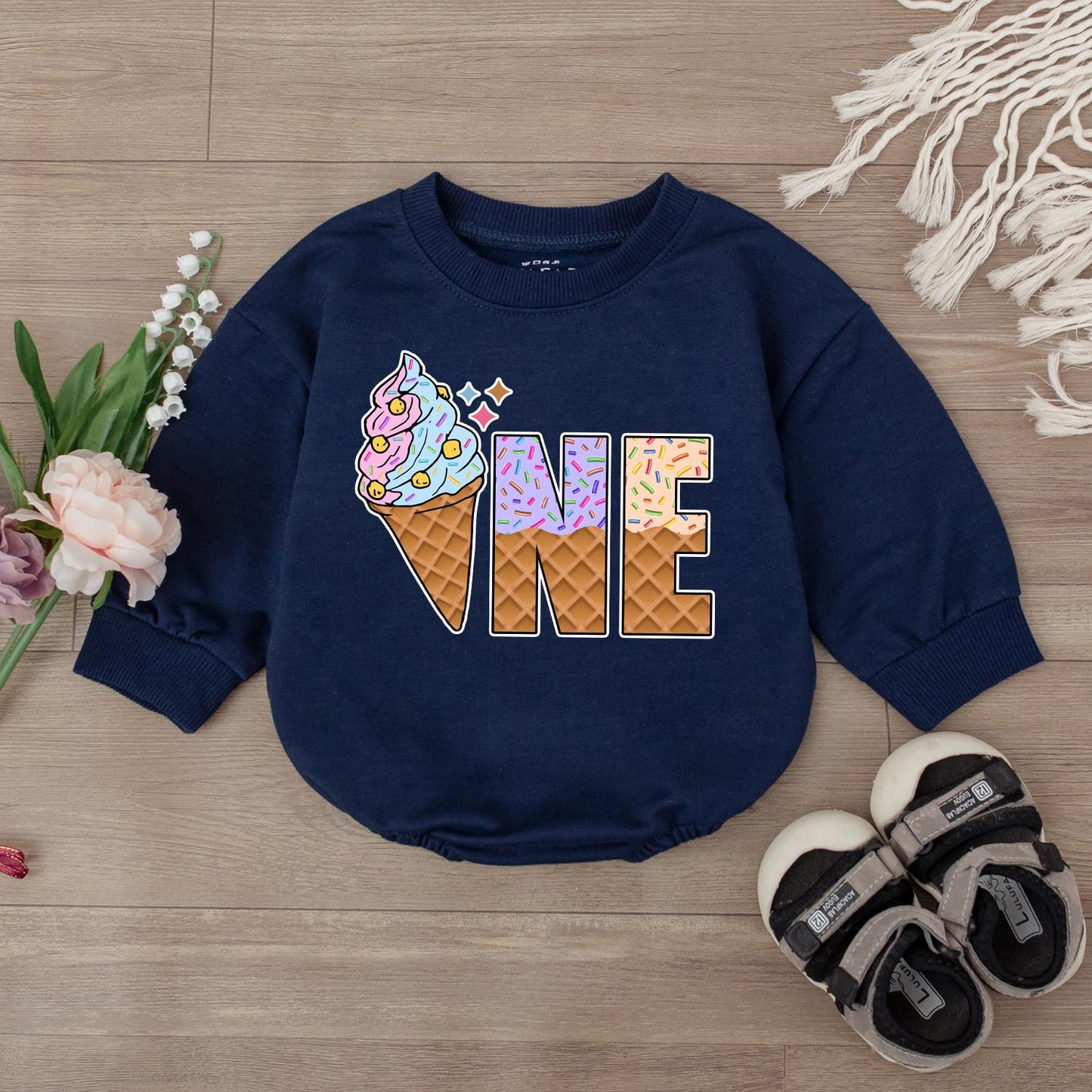 Sweet One Ice Cream Romper – Personalized 1st Birthday Baby Romper – Cute Ice Cream Birthday Outfit for Baby Girl – Perfect Baby Gift