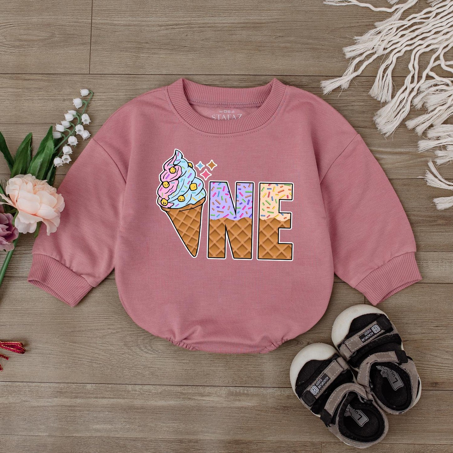 Sweet One Ice Cream Romper – Personalized 1st Birthday Baby Romper – Cute Ice Cream Birthday Outfit for Baby Girl – Perfect Baby Gift