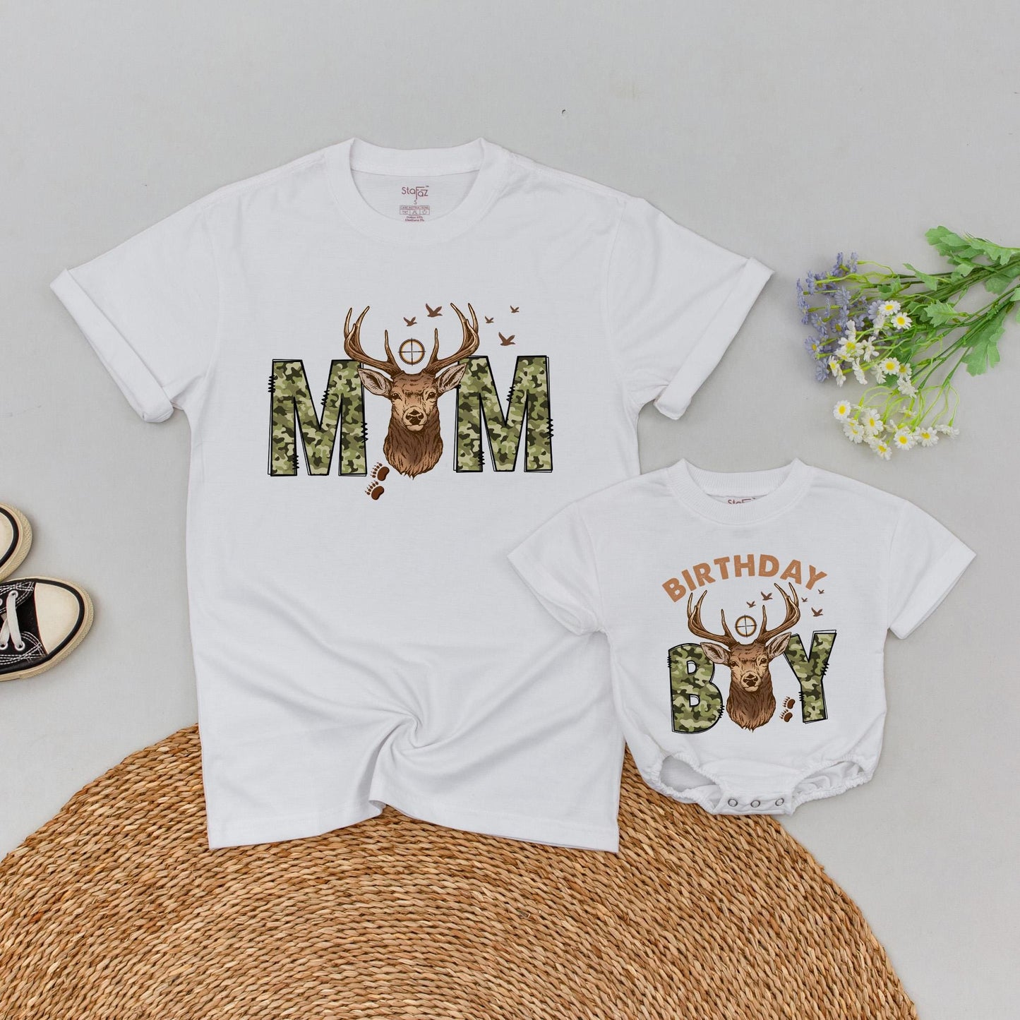 Personalized Deer Camo 1st Birthday Boy T-Shirt: Wild One Hunting Tee for Family Matching Outfits, Custom Name